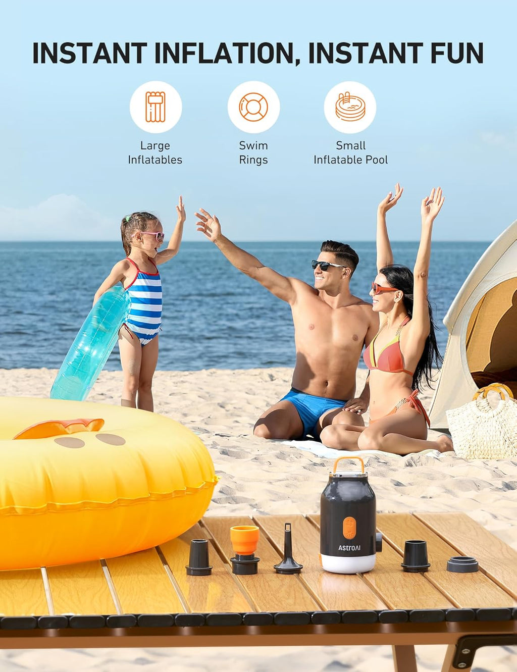 AstroAI Mini Air Pump for Inflatables with 3000mAh Battery Air Mattress Pump with Camping Lantern Electric Air Pump with 5 Nozzles Inflate & Deflate Air Mattress, Vacuum Storage Bags