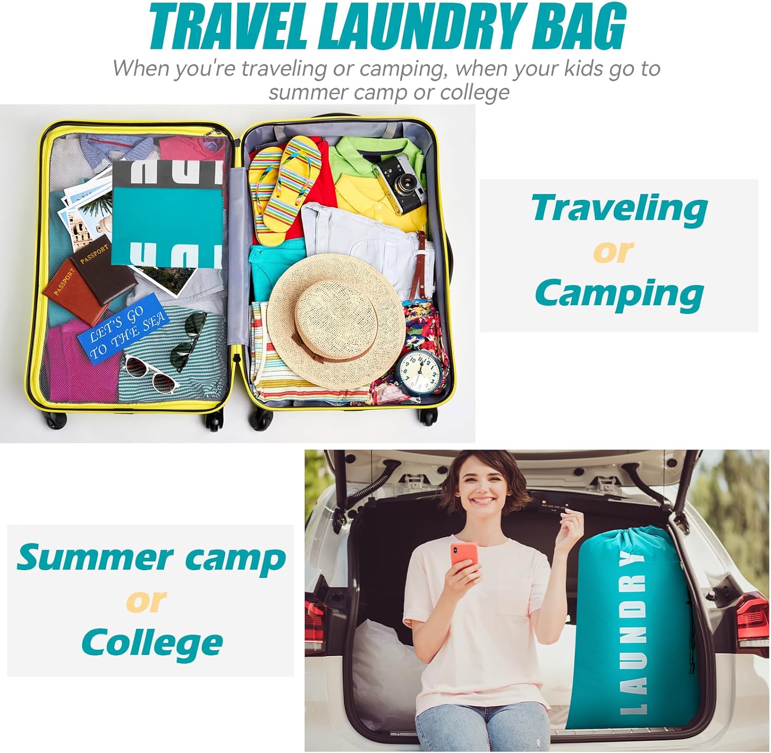 Laundry Bag,2 Pack Travel Laundry Bags for Dirty Clothes,Large Laundry Bags for Camping & Traveling,Dirty Clothes Travel Bag,24" x 36" (Cyan + Gray)