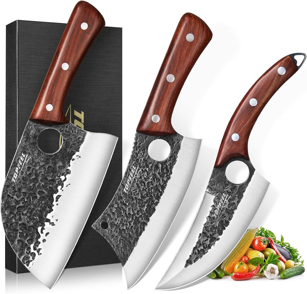 3PCS Butcher Knife Set, Hand Forged Serbian Chef Knives & Meat Cleaver & Viking Knives, Meat Cutting Kitchen Knife Set for Home, Outdoor Cooking, Camping BBQ Gift Idea Men
