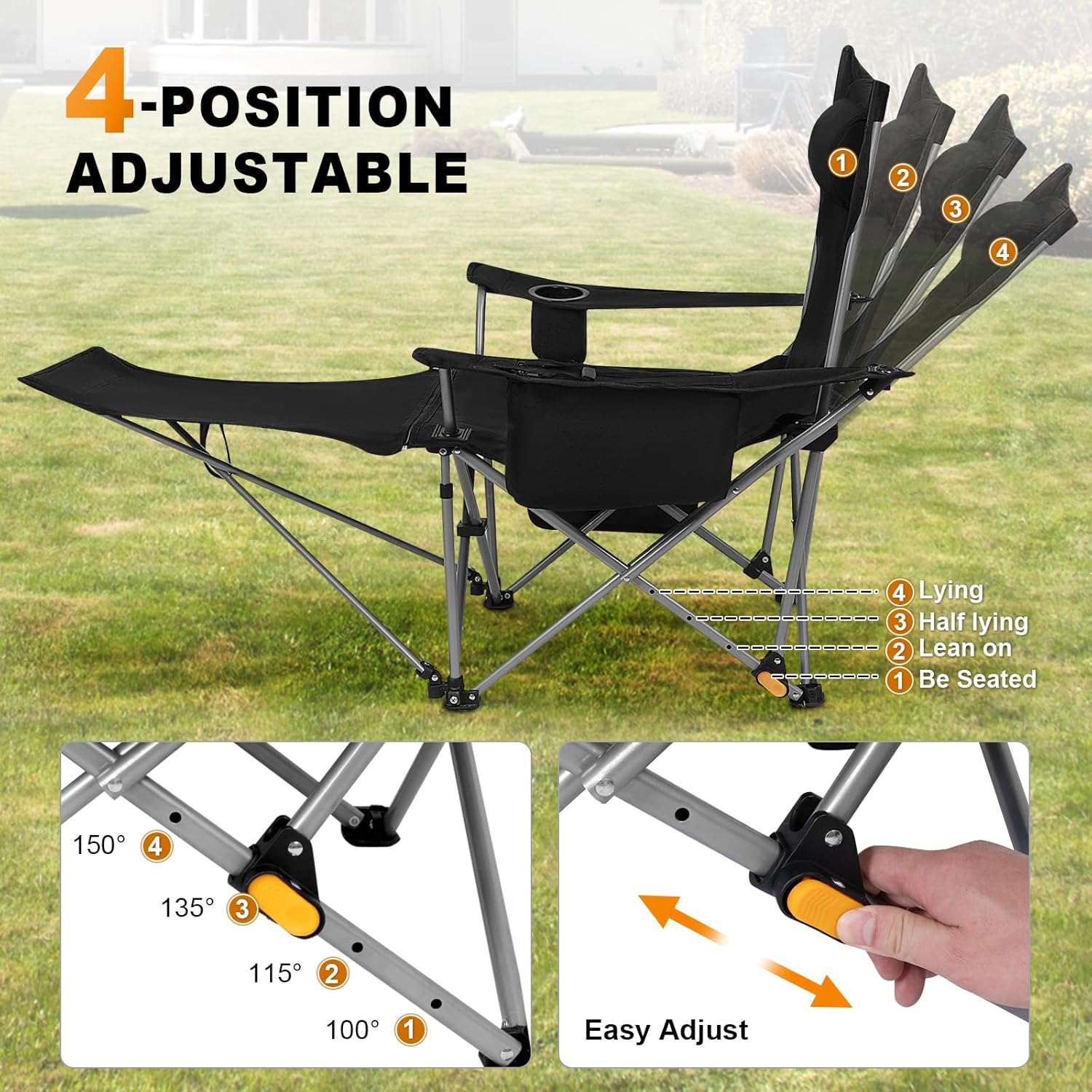 Romswi 4-Position Reclining Camping Chair with Removable Footrest, Blanket Cotton Cushion, 2-in-1 Adjustable Portable Lounge Chair with Cooler Bag, Cup Holder, Side Pockets & Carry Bag for Outdoor