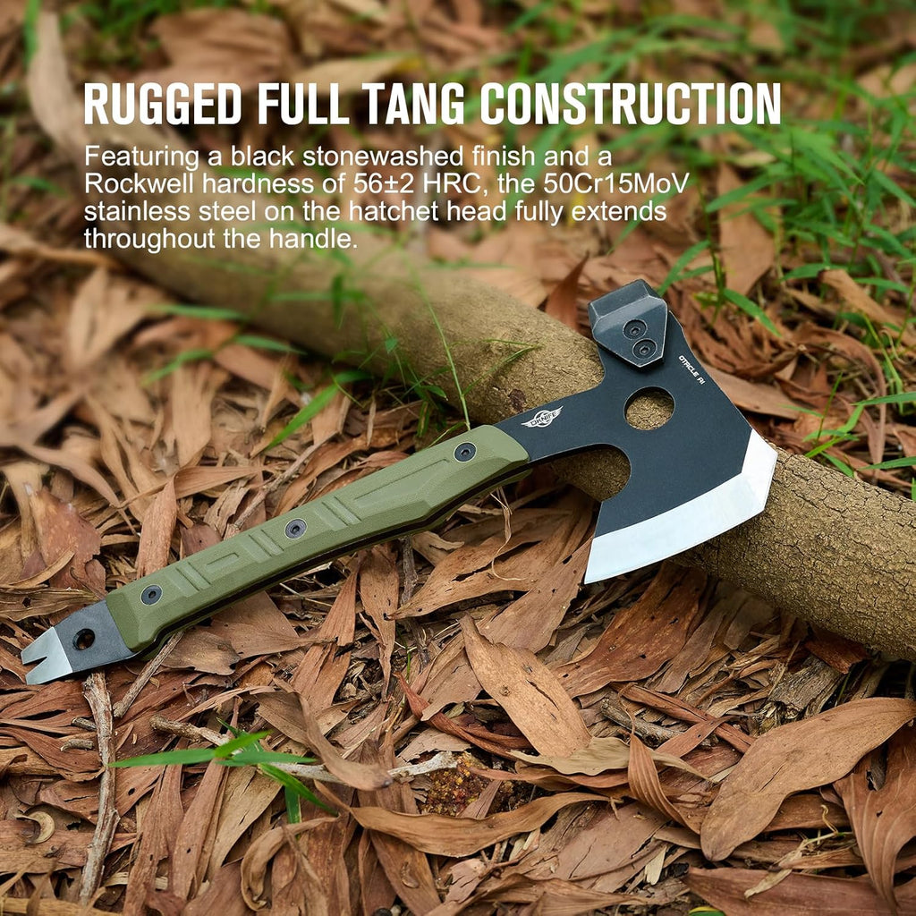 OKNIFE Otacle A1 Survival Hatchet & Camping Axe, 4 in 1 Full Tang Tactical Axe, G10 Non-Slip Grip Tomahawk with Durable Kydex Sheath (OD Green)