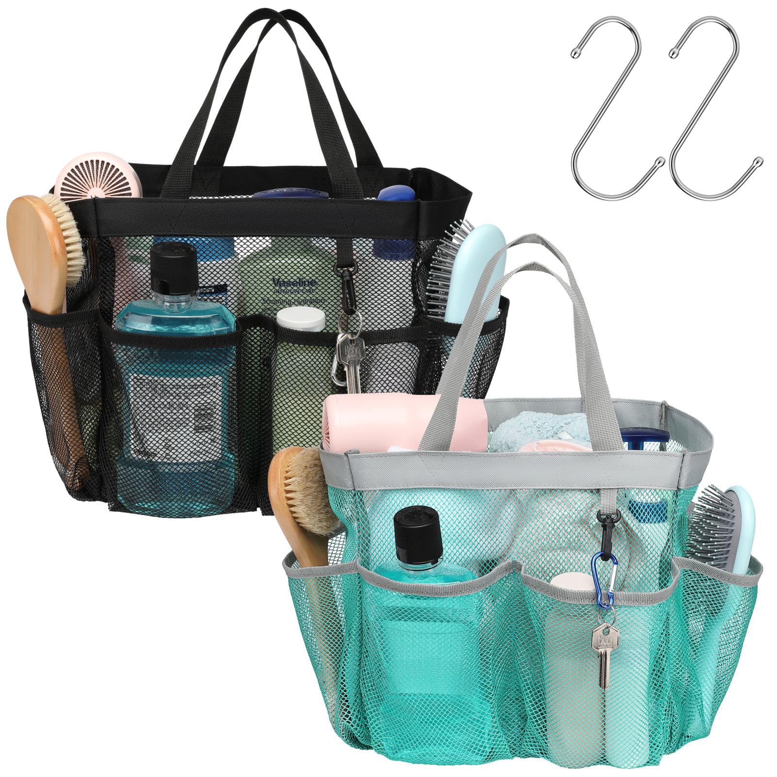 F-color Mesh Shower Caddy Portable, Upgrade Deeper 7 Pockets Shower Bag Basket Tote for College Dorm Room Toiletry Bathroom Essentials Gym Camp Quick Dry 2 handles with S Hook, Black