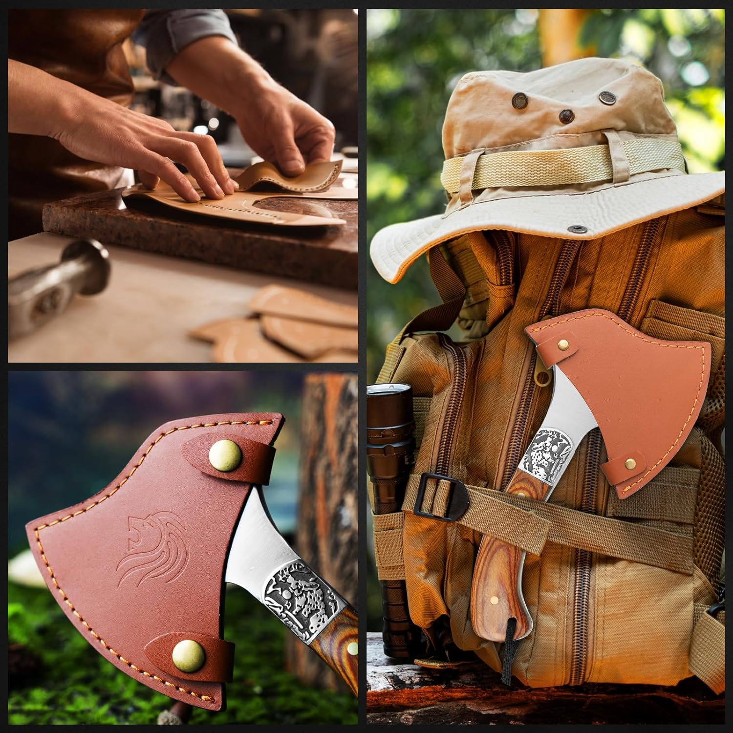 NedFoss Warthog Camping Axe, 9" Full Tang Small Axe with Leather Sheath, Survival Hatchet with Wood Handle, Tomahawk for Outdoor Backpacking, Bushcraft, Hiking