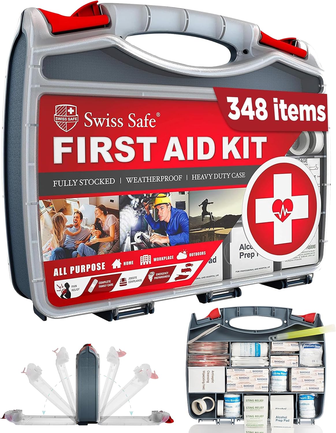 Swiss Safe 2-in-1 First Aid Kit for Car, Travel & Home, Businesses - Bonus Mini Kit for Medical Emergency Aid, Survival, Camping - FSA & HSA Eligible - 348 Pcs, Large Hardcase FAK