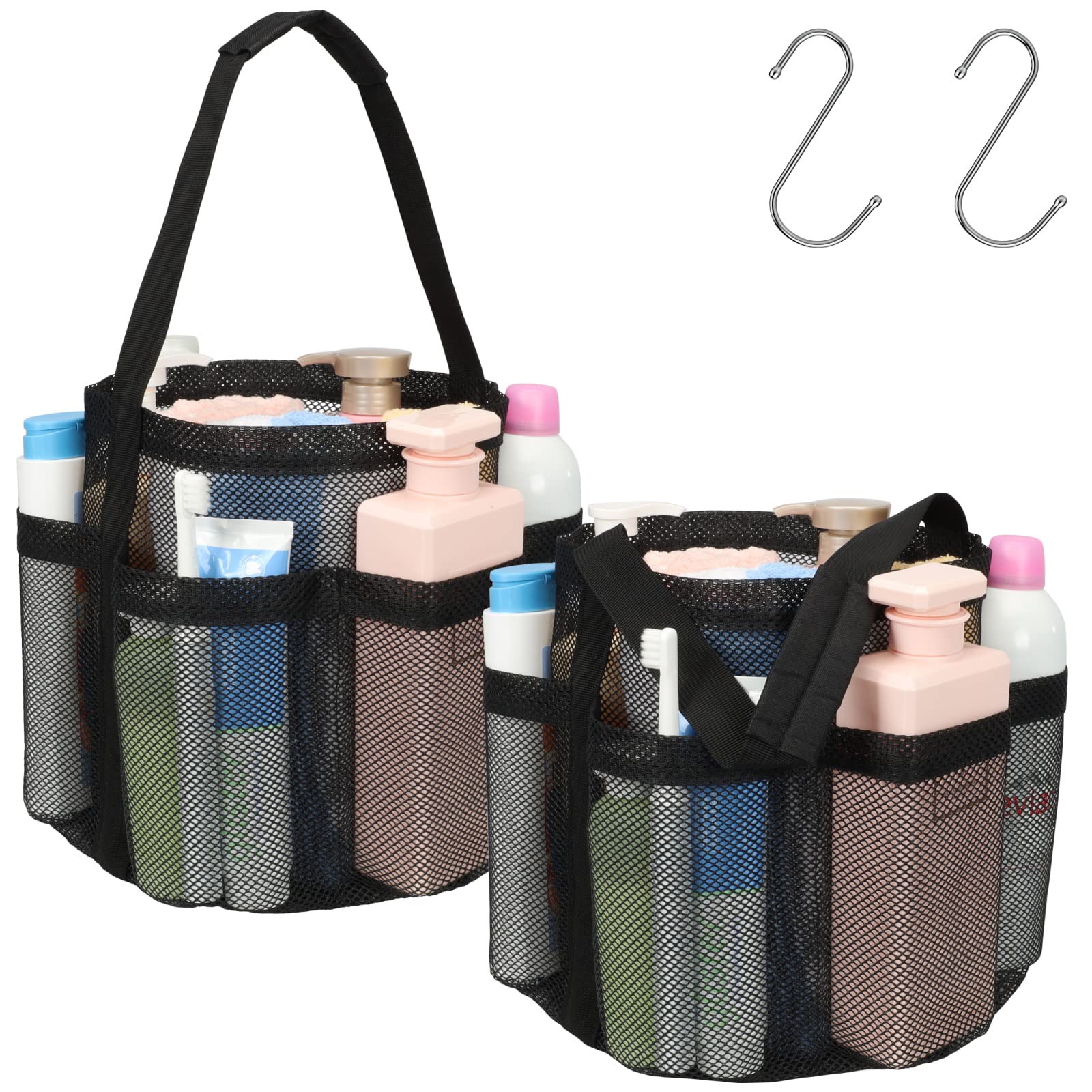 F-color Mesh Shower Caddy Portable, Upgrade Deeper 7 Pockets Shower Bag Basket Tote for College Dorm Room Toiletry Bathroom Essentials Gym Camp Quick Dry 2 handles with S Hook, Black