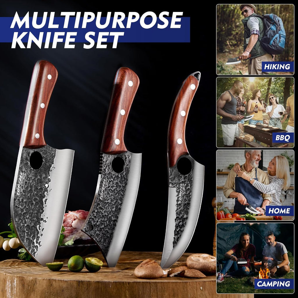3PCS Butcher Knife Set, Hand Forged Serbian Chef Knives & Meat Cleaver & Viking Knives, Meat Cutting Kitchen Knife Set for Home, Outdoor Cooking, Camping BBQ Gift Idea Men