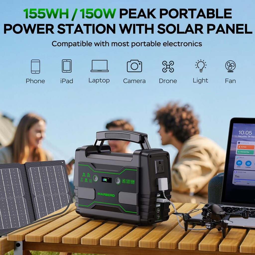 MARBERO Solar Powered Generator 155Wh with 30W Foldable Solar Panels 100W AC Output Lithium Battery Portable Power Station with AC DC and USB Outputs for Camping Emergency Home Backup Blackout Hiking