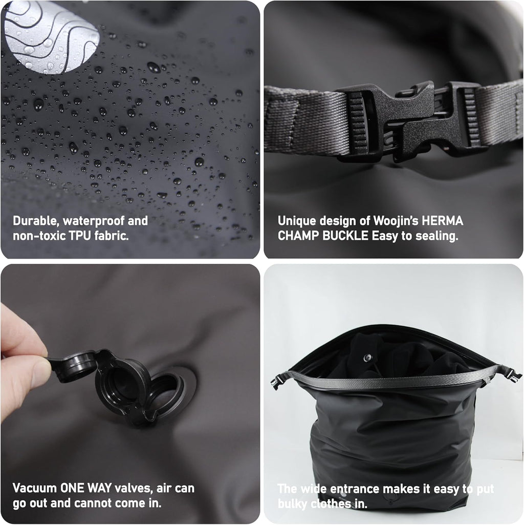 Vacuum Compression Bags for Travel, 40L Pump-Free Reusable Vacuum Bags, Waterproof Laundry Bag for Backpack and Suitcase, Space Saver Bags for Backpacking