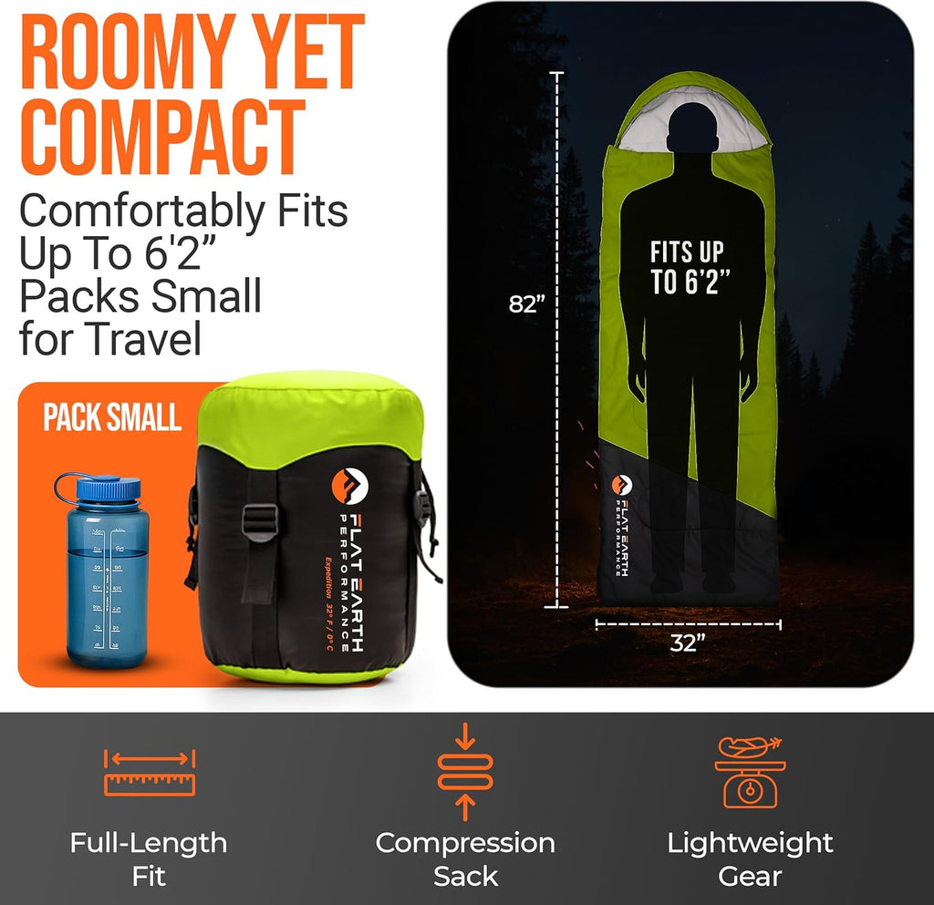 Expedition Sleeping Bag with Compression Sack – 32°F/0°C for Teens/Adults Up to 6'2", Lightweight, Water-Resistant, Backpacking Sleeping Bag for Camping, Hiking