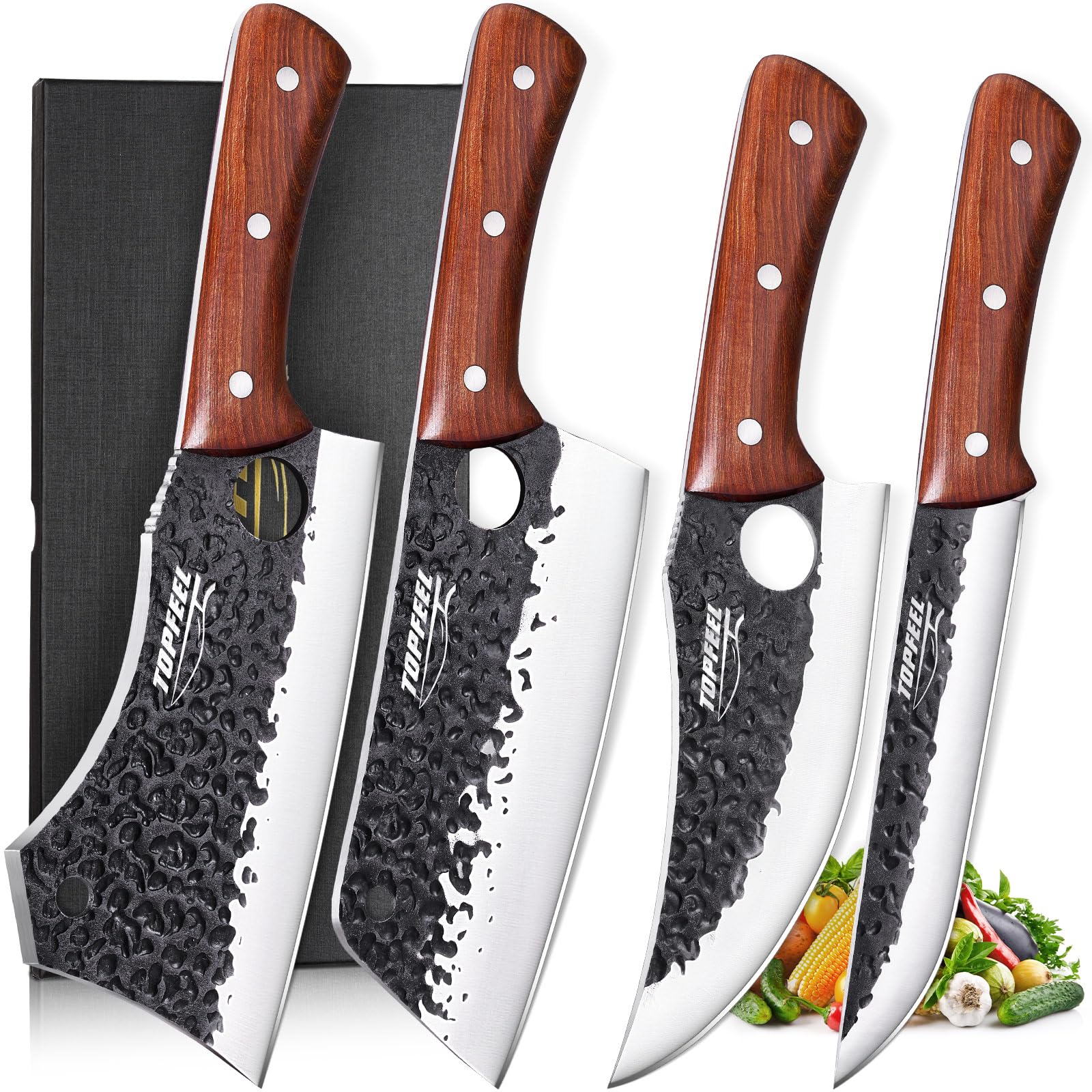 3PCS Butcher Knife Set, Hand Forged Serbian Chef Knives & Meat Cleaver & Viking Knives, Meat Cutting Kitchen Knife Set for Home, Outdoor Cooking, Camping BBQ Gift Idea Men
