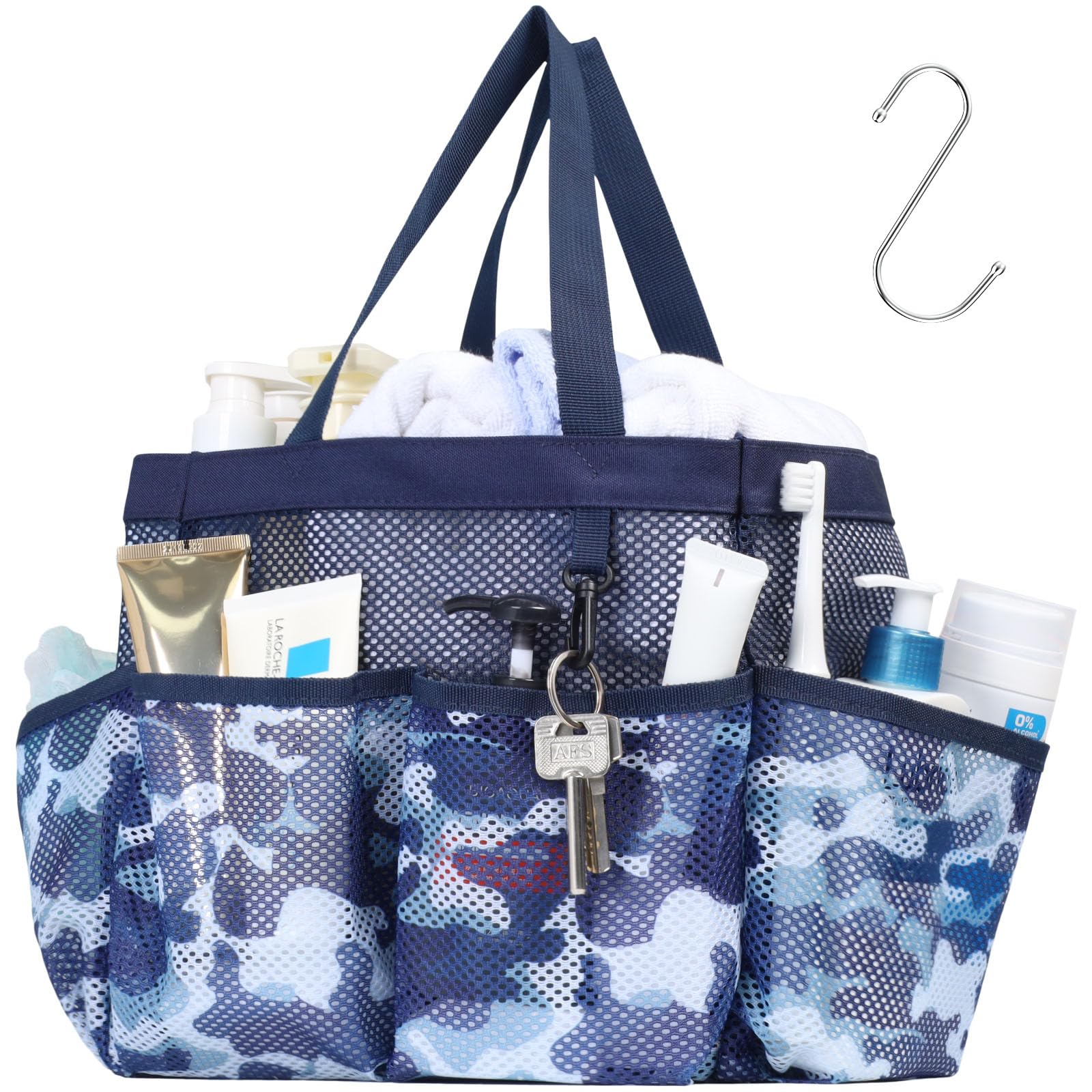 F-color Mesh Shower Caddy Portable, Upgrade Deeper 7 Pockets Shower Bag Basket Tote for College Dorm Room Toiletry Bathroom Essentials Gym Camp Quick Dry 2 handles with S Hook, Black