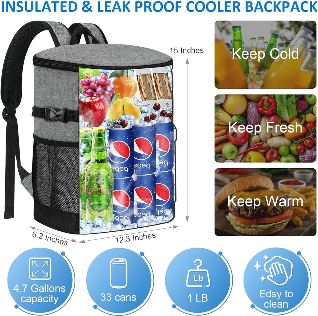 Cooler Backpack 33 Cans Backpack Coolers Insulated Leak Proof Soft Beach Cooler Bag for Men Women Ice Chest Backpack Camping Hiking Picnic Travel Cooler Lunch Backpack