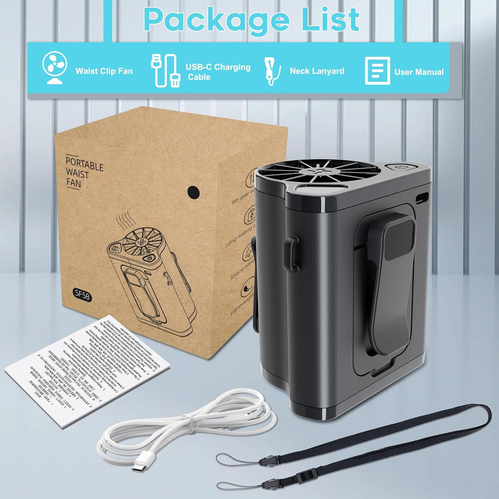 Portable Waist Fan 10000mAh Rechargeable Battery w/LED Display with 5 Speeds 12000RPM Strong Airflow Low Noise Hands-Free Clip on Wearable Belt Fan For Outdoor Camping Traveling Black