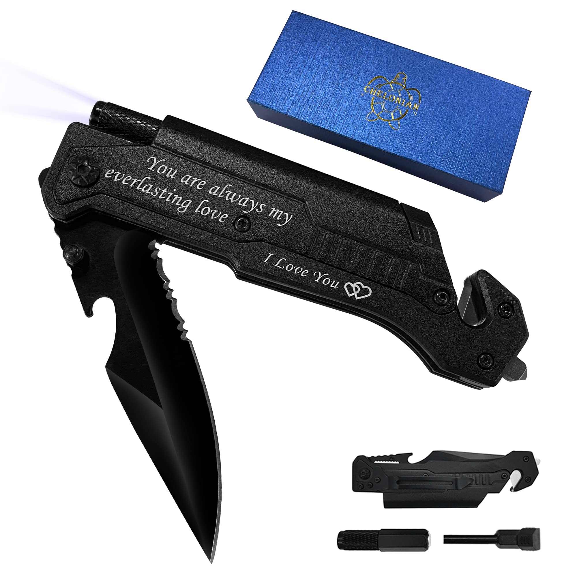 8.5" Military Outdoor Hunting Camping Pocket Knife, 7 in 1 Multi-Function Folding Knives with Fire Starter LED Light Seatbelt Cutter Glass Breaker Bottle Opener Tactical Blade (Green)