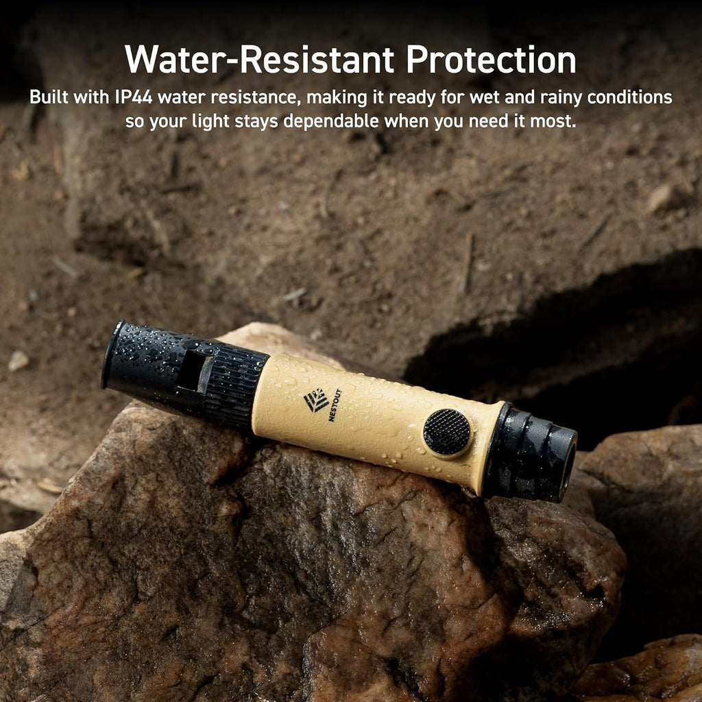 3-in-1 Flashlight, Lantern & Whistle, IP44 Water-Resistant, Dust-Resistant, AAA Battery Powered, Compact for Hiking, Camping, Rescue, Emergency, Lanyard Included (Beige)