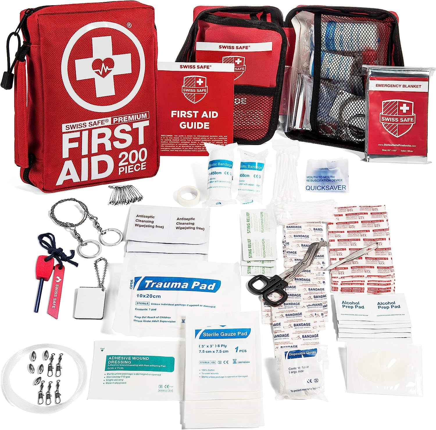 Swiss Safe 2-in-1 First Aid Kit for Car, Travel & Home, Businesses - Bonus Mini Kit for Medical Emergency Aid, Survival, Camping - FSA & HSA Eligible - 348 Pcs, Large Hardcase FAK