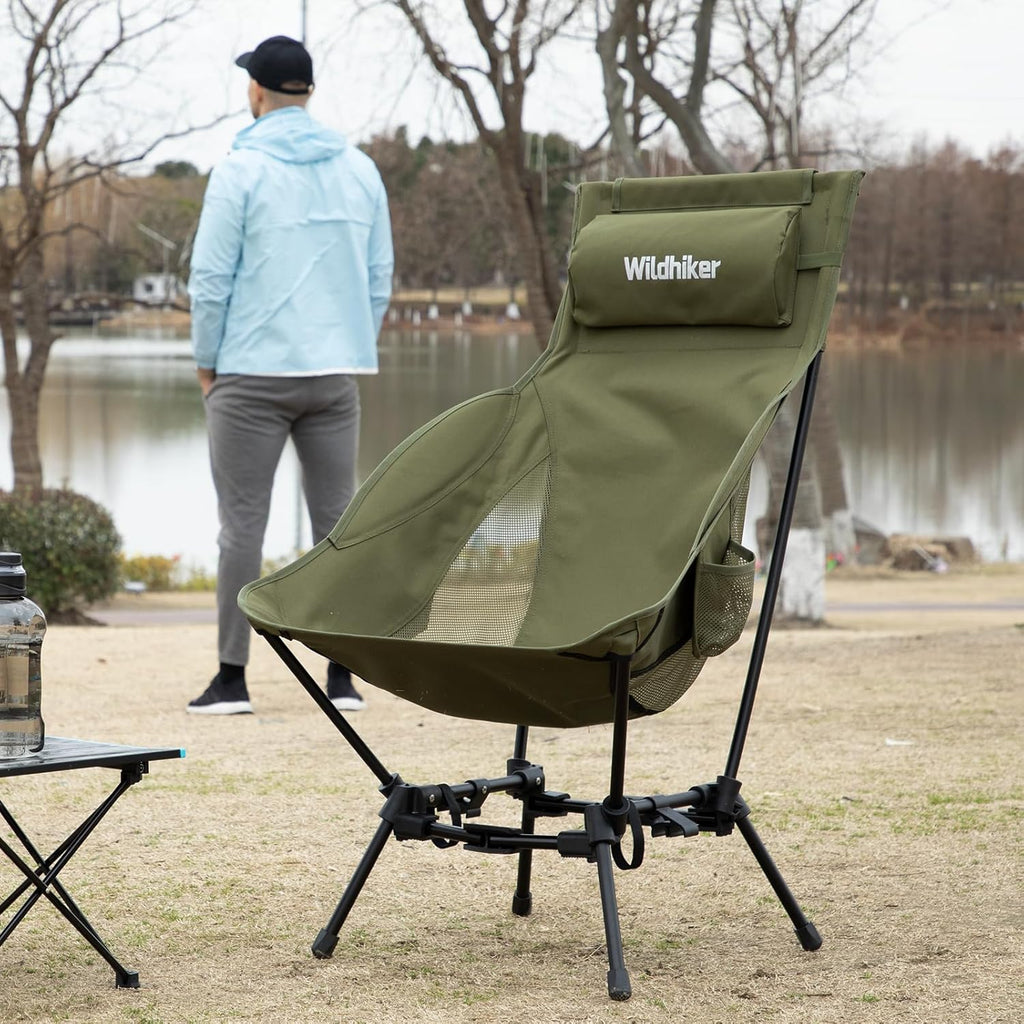 Wildhiker Portable High Back Folding Camping Chairs – Compact with Dual Sitting Modes, Pillow, Arm Pads and Side Pockets – Lightweight Chair for Motorcycle, RV, Festival, Travel – Green