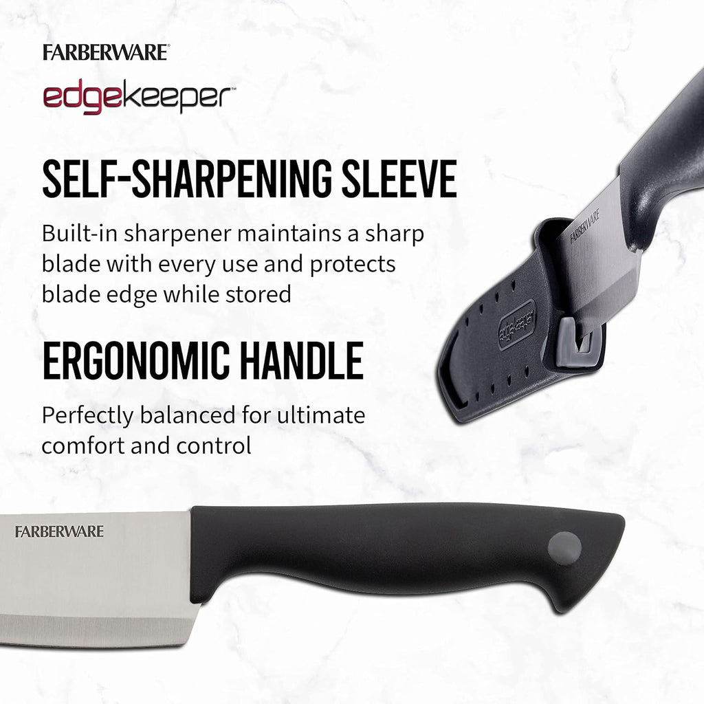 Farberware Edgekeeper 6-Inch Chef Knife with Self-Sharpening Blade Cover, High Carbon-Stainless Steel Kitchen Knife with Ergonomic Handle, Razor-Sharp Knife, Black