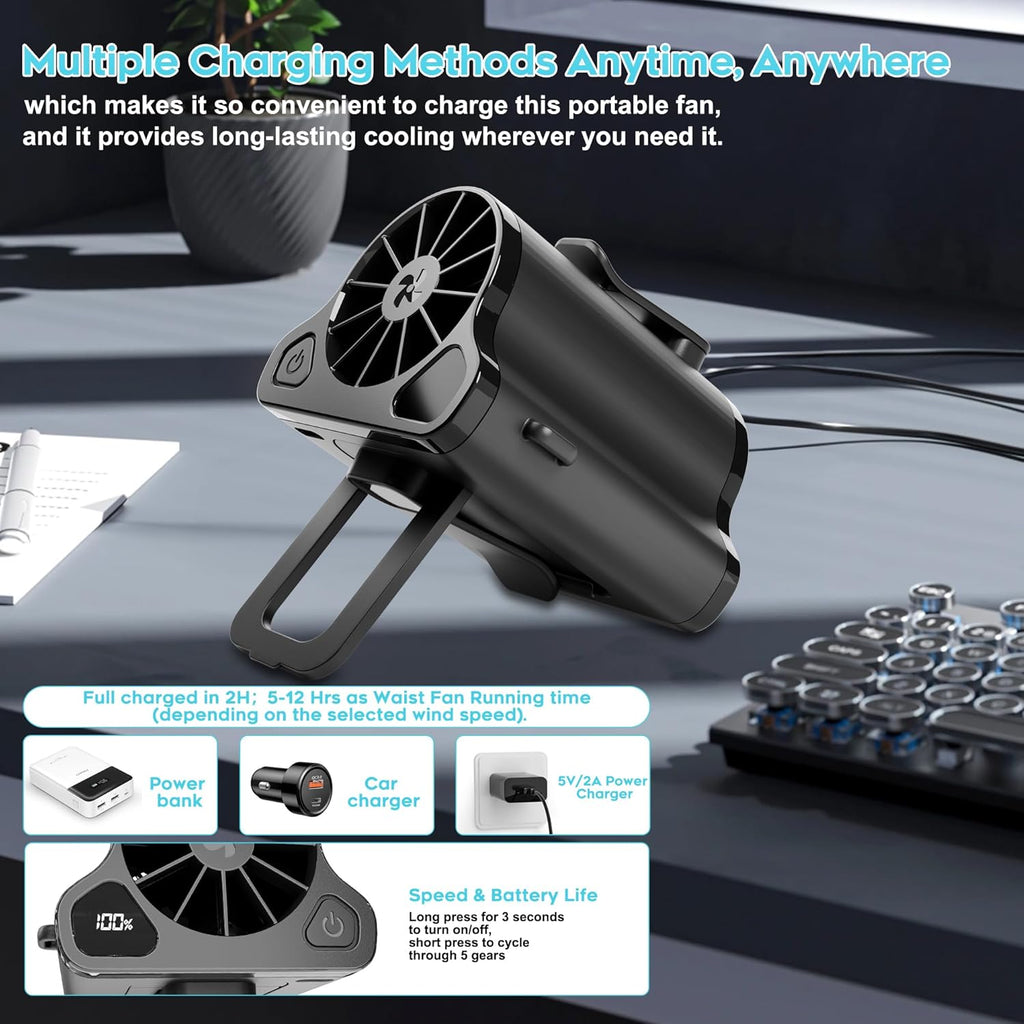 Portable Waist Fan 10000mAh Rechargeable Battery w/LED Display with 5 Speeds 12000RPM Strong Airflow Low Noise Hands-Free Clip on Wearable Belt Fan For Outdoor Camping Traveling Black