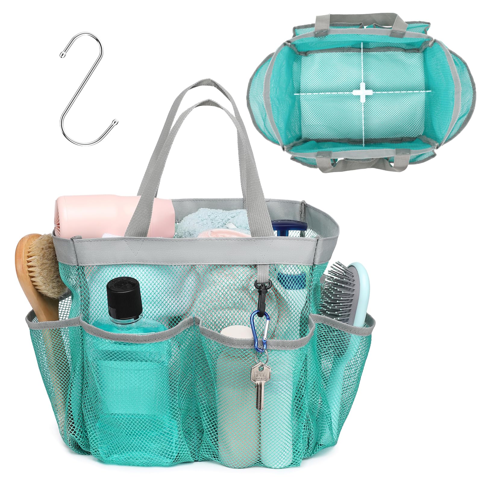 F-color Mesh Shower Caddy Portable, Upgrade Deeper 7 Pockets Shower Bag Basket Tote for College Dorm Room Toiletry Bathroom Essentials Gym Camp Quick Dry 2 handles with S Hook, Black