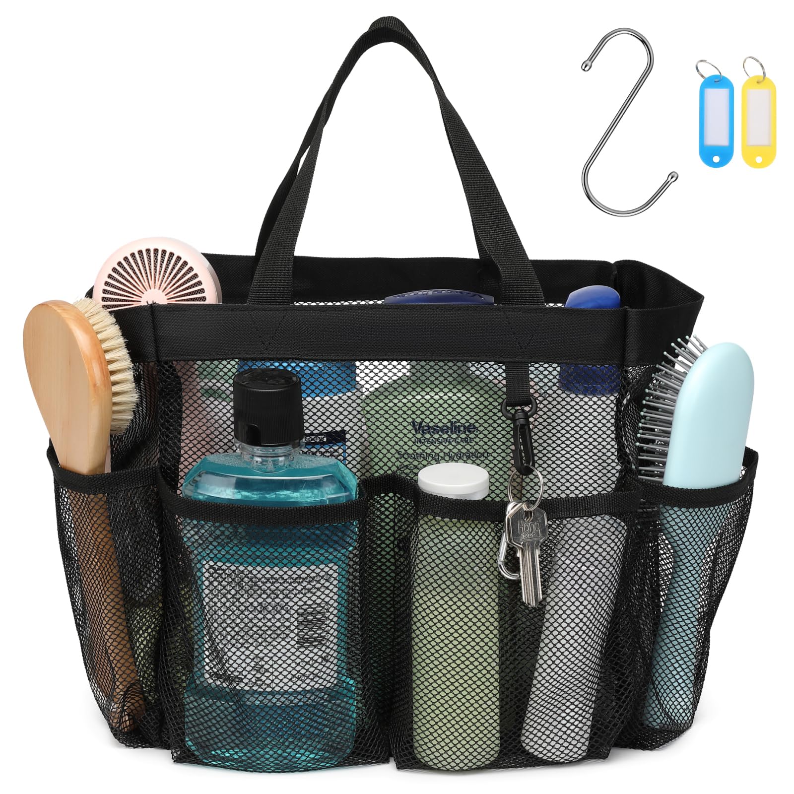 F-color Mesh Shower Caddy Portable, Upgrade Deeper 7 Pockets Shower Bag Basket Tote for College Dorm Room Toiletry Bathroom Essentials Gym Camp Quick Dry 2 handles with S Hook, Black