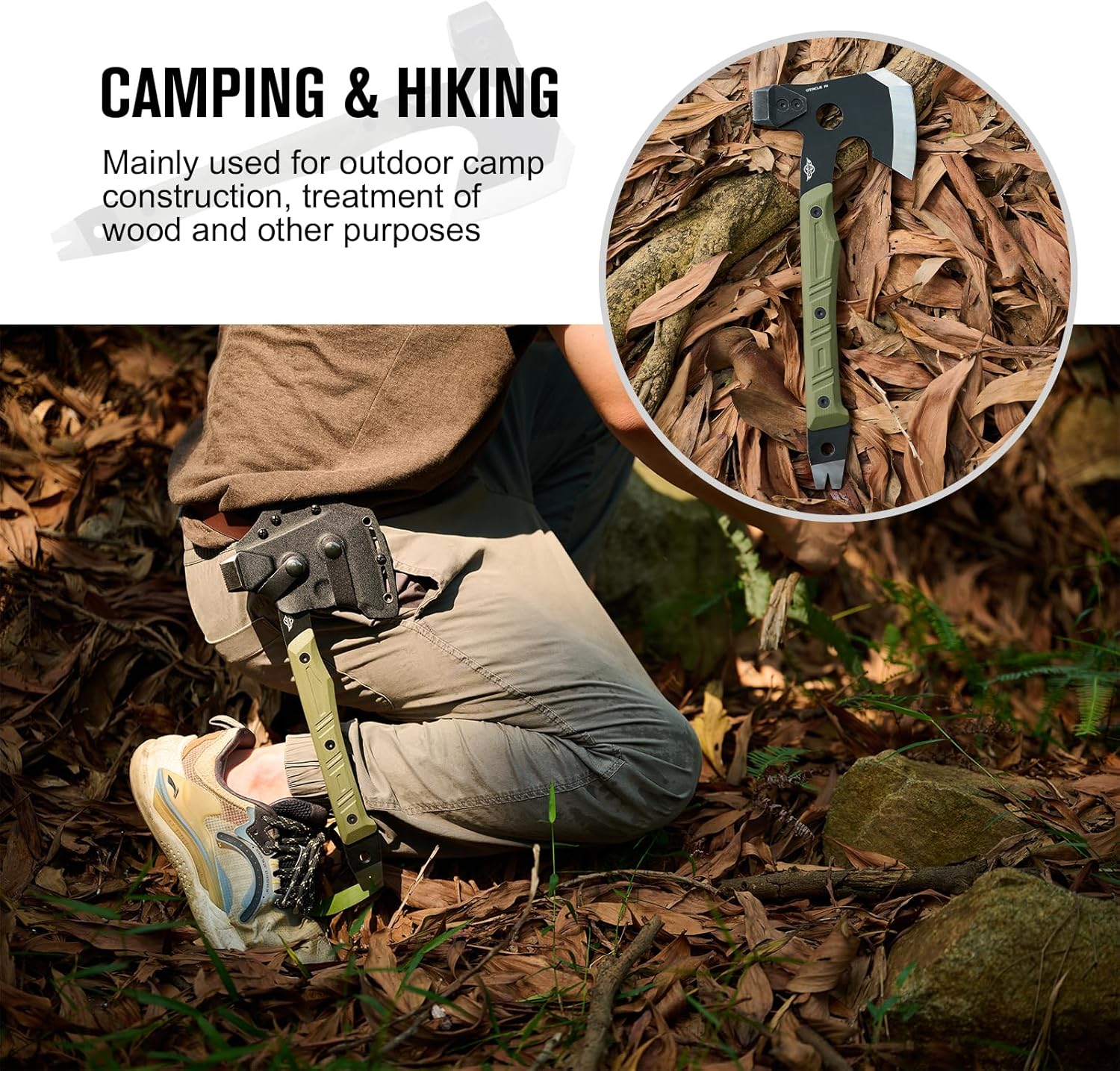OKNIFE Otacle A1 Survival Hatchet & Camping Axe, 4 in 1 Full Tang Tactical Axe, G10 Non-Slip Grip Tomahawk with Durable Kydex Sheath (OD Green)