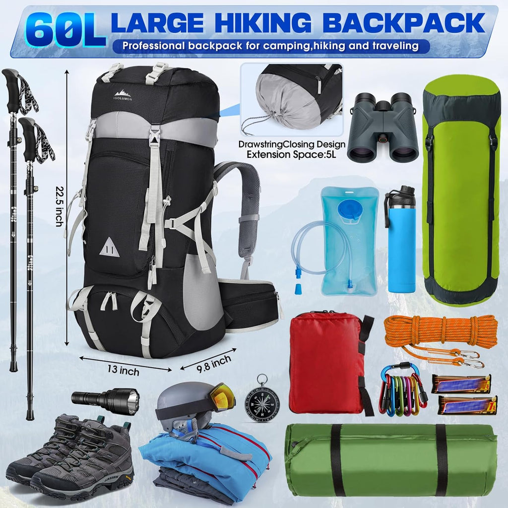 IGOLUMON 60L Hiking Backpack Waterproof Camping Backpack with Rain Cover Large Lightweight Backpacking Backpack for Men Women