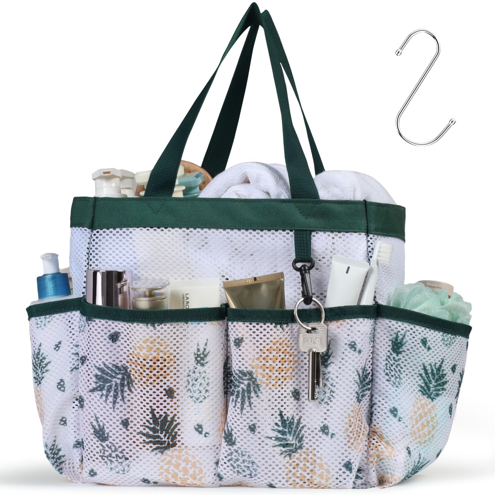 F-color Mesh Shower Caddy Portable, Upgrade Deeper 7 Pockets Shower Bag Basket Tote for College Dorm Room Toiletry Bathroom Essentials Gym Camp Quick Dry 2 handles with S Hook, Black