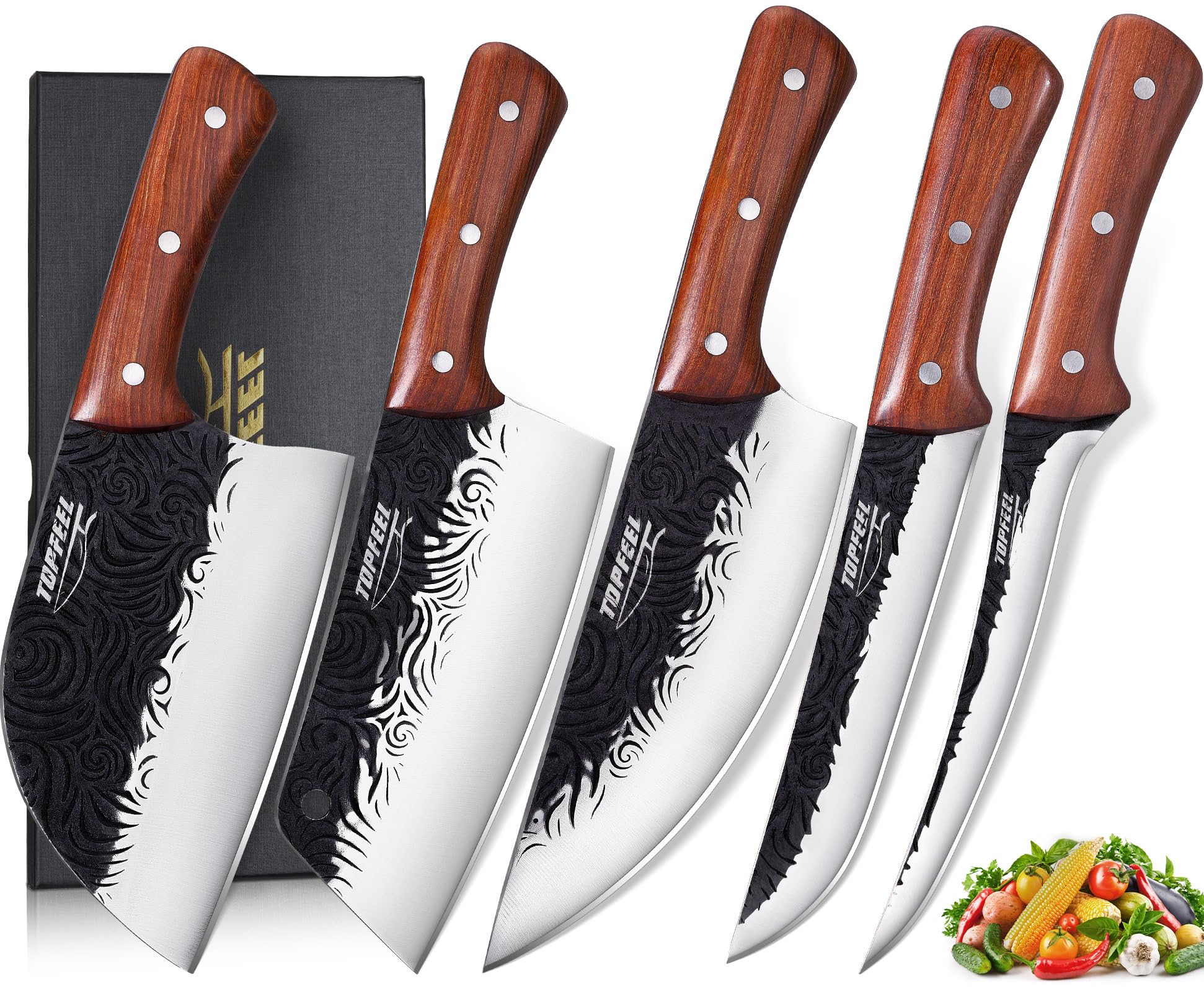 3PCS Butcher Knife Set, Hand Forged Serbian Chef Knives & Meat Cleaver & Viking Knives, Meat Cutting Kitchen Knife Set for Home, Outdoor Cooking, Camping BBQ Gift Idea Men