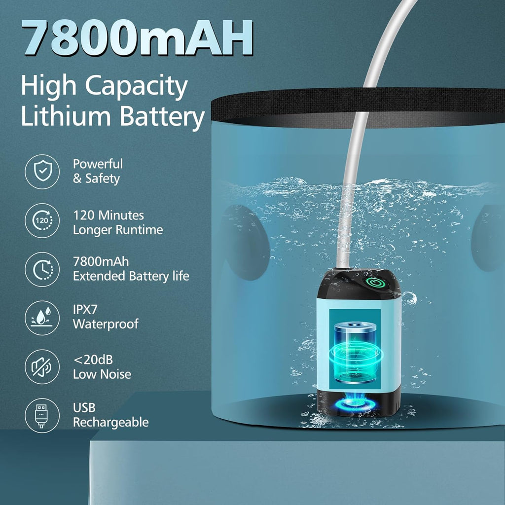 Portable Shower for Camping, 7800mAh Rechargeable Camping Shower with 3 Spray Modes, IPX7 Waterproof Portable Shower Pump for Outdoor, Hiking, Travel, Car, Pet-Long-Lasting Battery & Powerful Suction