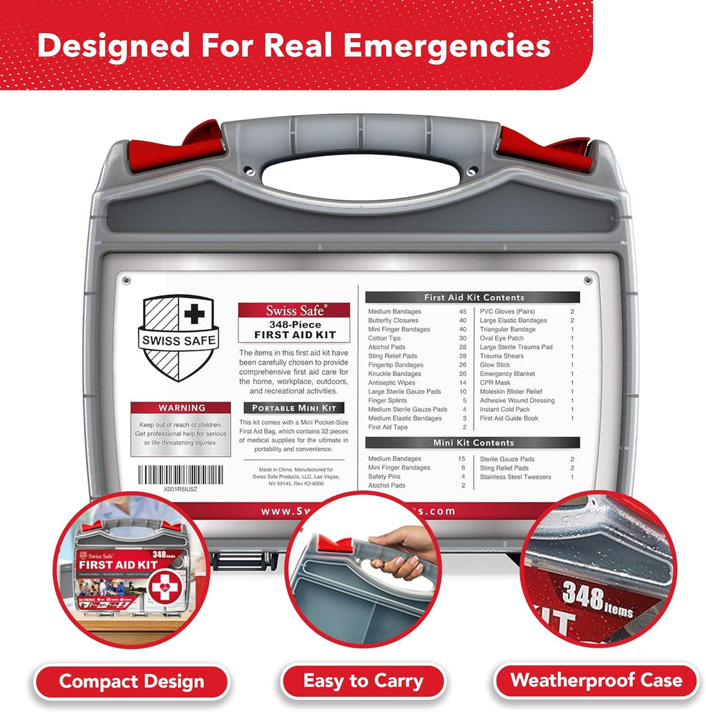 Swiss Safe 2-in-1 First Aid Kit for Car, Travel & Home, Businesses - Bonus Mini Kit for Medical Emergency Aid, Survival, Camping - FSA & HSA Eligible - 348 Pcs, Large Hardcase FAK