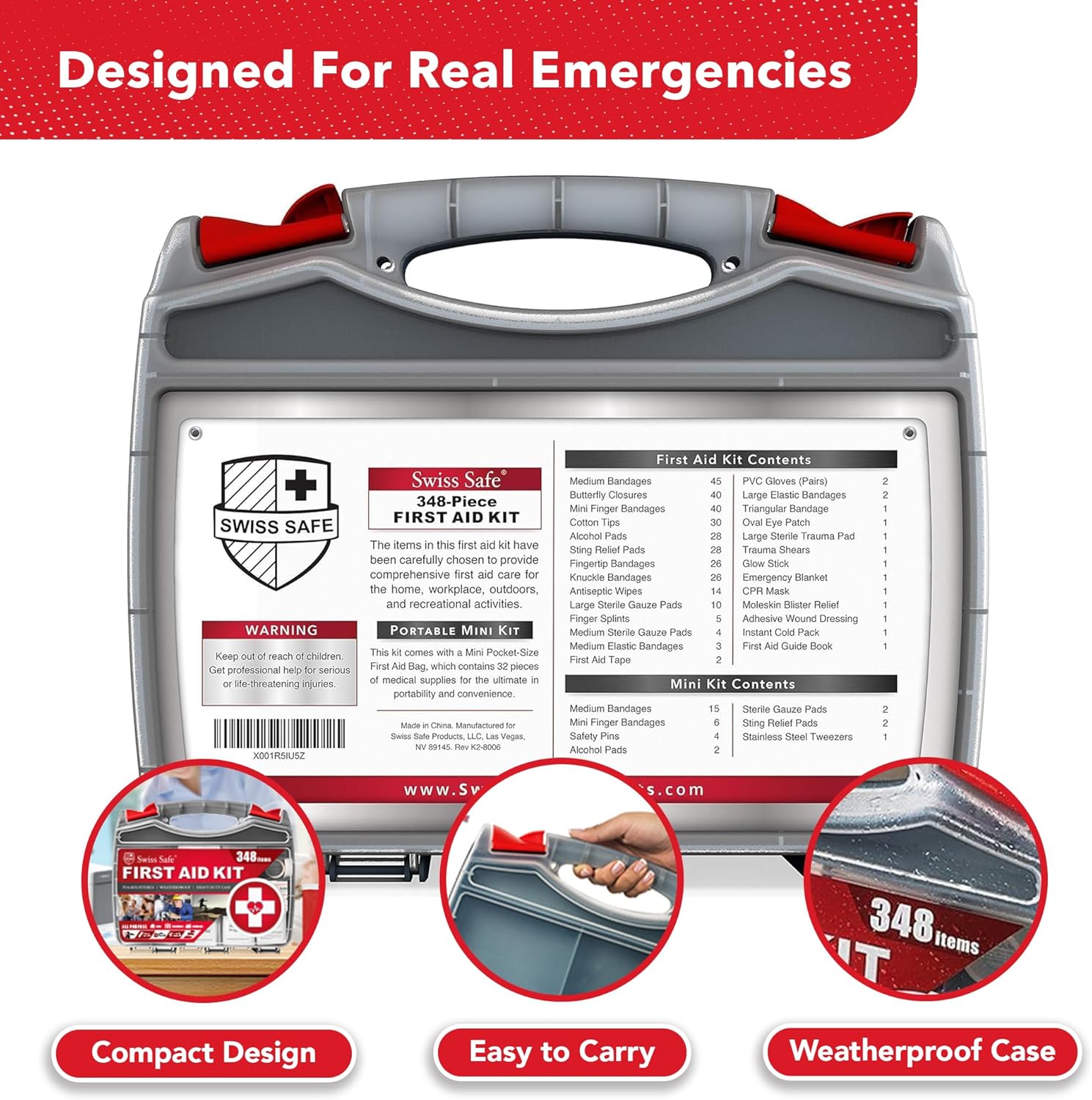 Swiss Safe 2-in-1 First Aid Kit for Car, Travel & Home, Businesses - Bonus Mini Kit for Medical Emergency Aid, Survival, Camping - FSA & HSA Eligible - 348 Pcs, Large Hardcase FAK