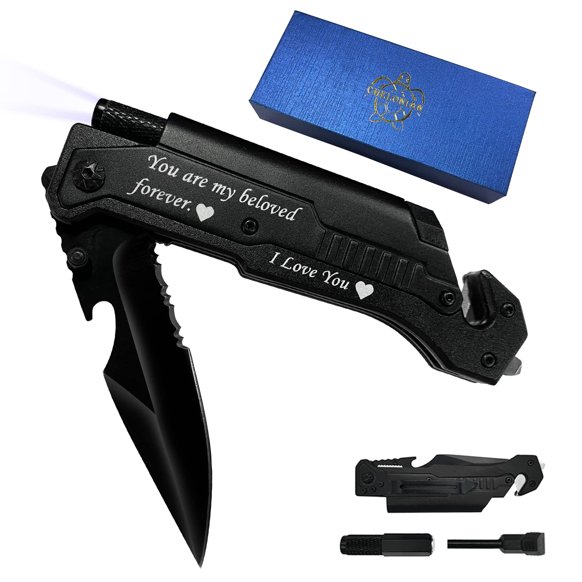 8.5" Military Outdoor Hunting Camping Pocket Knife, 7 in 1 Multi-Function Folding Knives with Fire Starter LED Light Seatbelt Cutter Glass Breaker Bottle Opener Tactical Blade (Green)