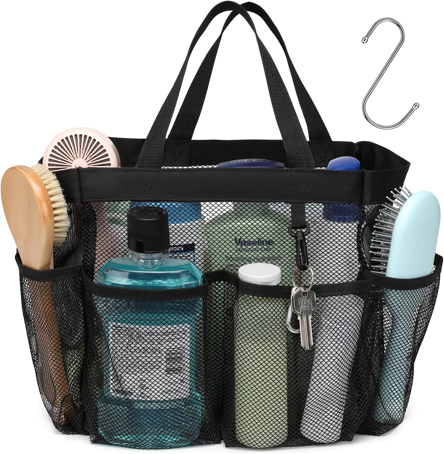 F-color Mesh Shower Caddy Portable, Upgrade Deeper 7 Pockets Shower Bag Basket Tote for College Dorm Room Toiletry Bathroom Essentials Gym Camp Quick Dry 2 handles with S Hook, Black