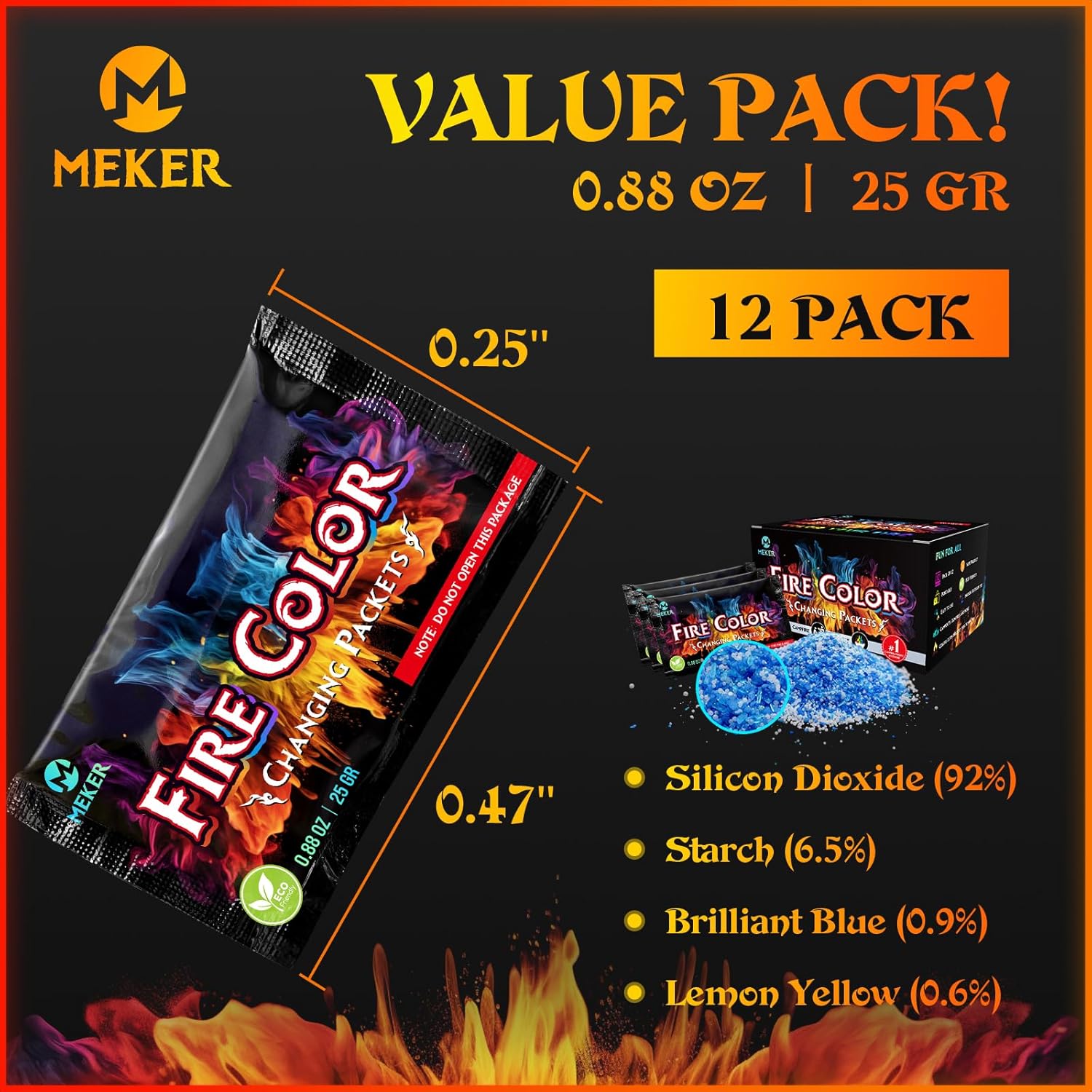 MEKER Fire Color Changing Packets - Fire Pit, Campfires, Outdoor Fireplaces, Bonfire - Fire Color - Perfect Fire Camping Accessories for Kids & Adults (12 Pack)