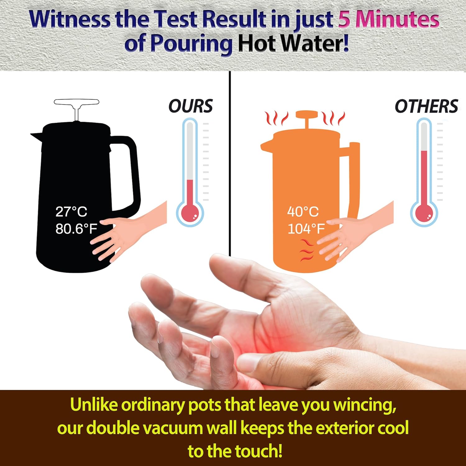 PortableAnd 34oz Double Vacuum Insulation Large Silicone French Press Coffee Maker with Silicone Ring, Stainless Steel, Perfect for Camping, Travel, and At-Home Use (Matte Black)