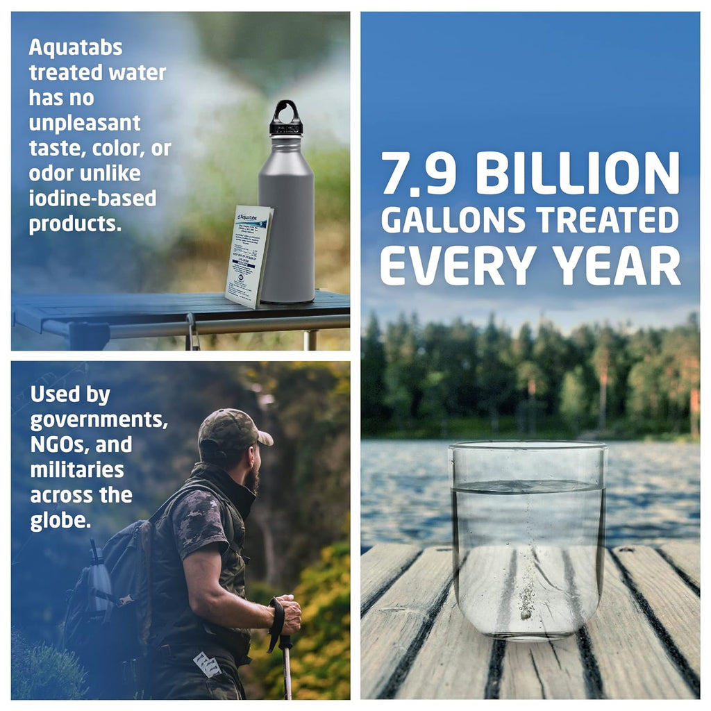 Aquatabs 49mg Water Purification Tablets (100 Pack). Water Filtration System for Hiking, Backpacking, Camping, Emergencies, Survival, and Home-Use. Easy to Use Treatment and Disinfection.