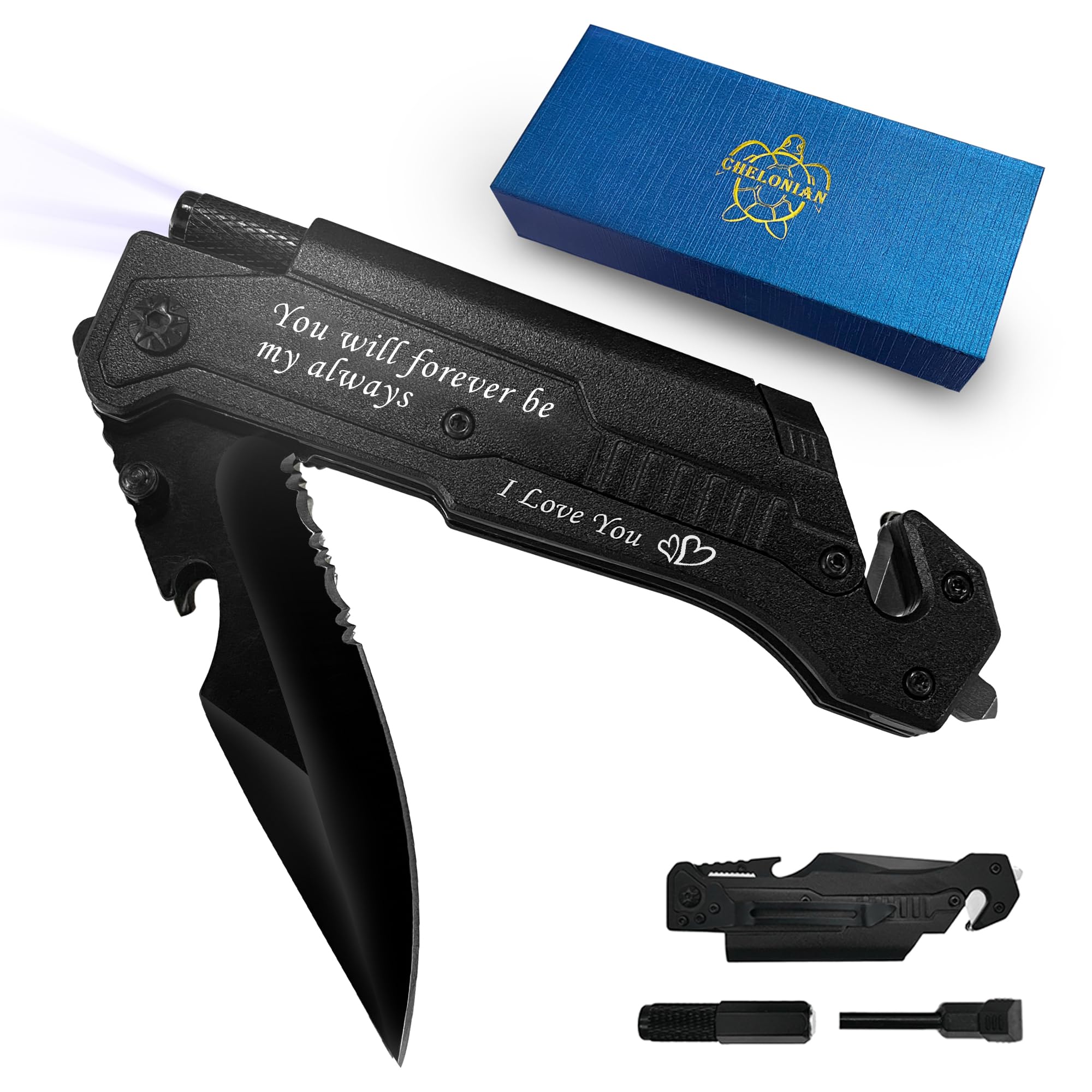 8.5" Military Outdoor Hunting Camping Pocket Knife, 7 in 1 Multi-Function Folding Knives with Fire Starter LED Light Seatbelt Cutter Glass Breaker Bottle Opener Tactical Blade (Green)