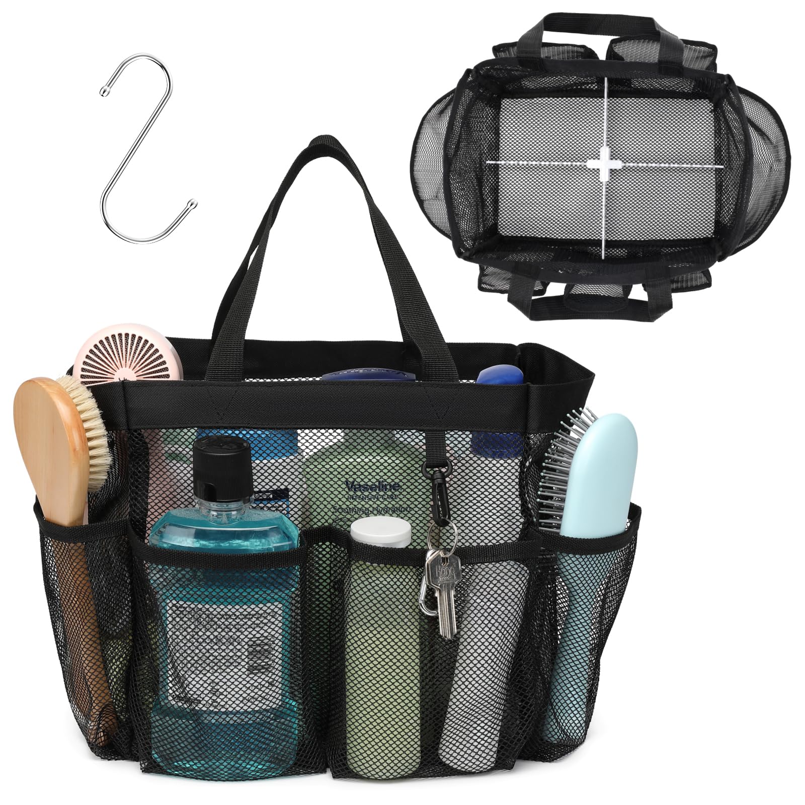 F-color Mesh Shower Caddy Portable, Upgrade Deeper 7 Pockets Shower Bag Basket Tote for College Dorm Room Toiletry Bathroom Essentials Gym Camp Quick Dry 2 handles with S Hook, Black