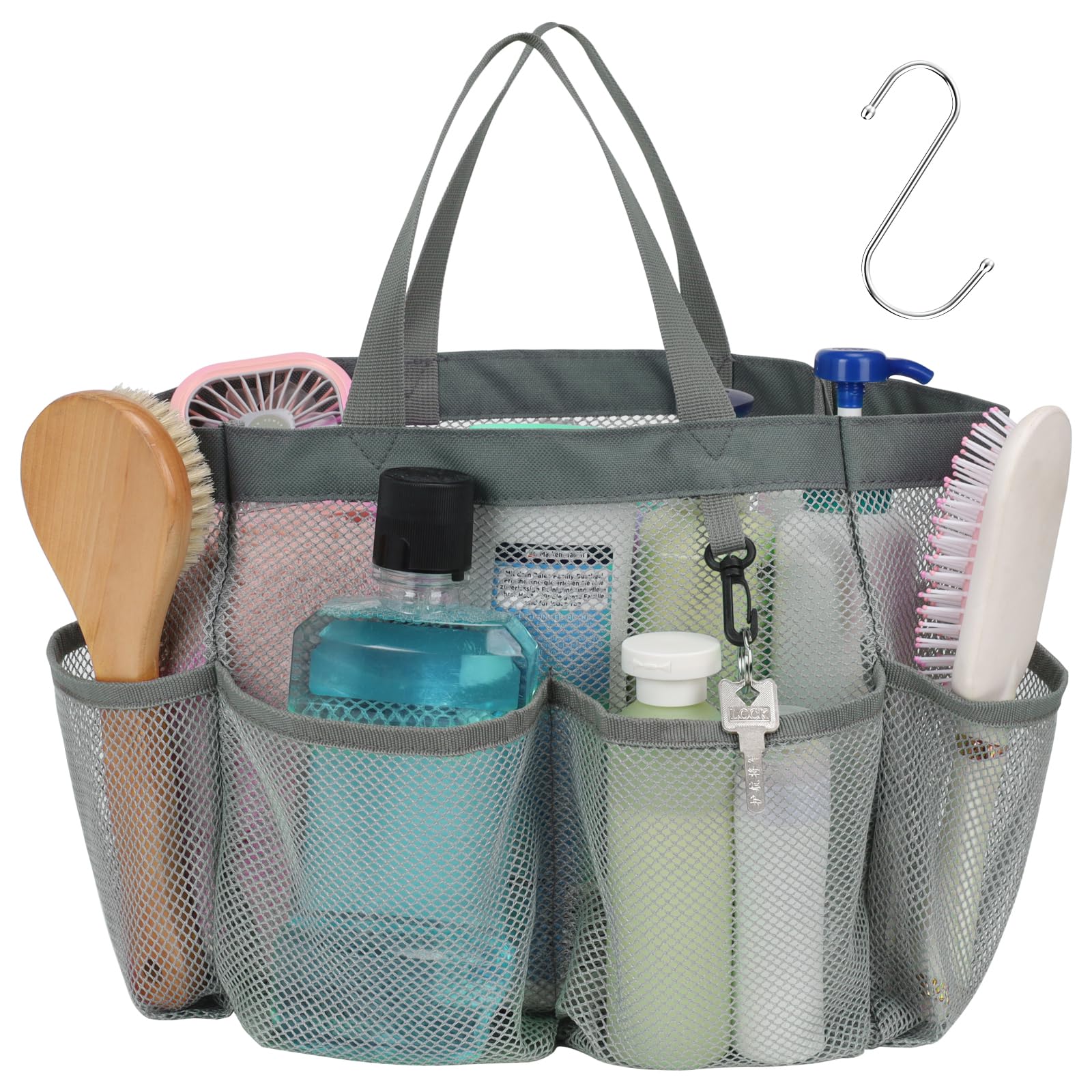 F-color Mesh Shower Caddy Portable, Upgrade Deeper 7 Pockets Shower Bag Basket Tote for College Dorm Room Toiletry Bathroom Essentials Gym Camp Quick Dry 2 handles with S Hook, Black