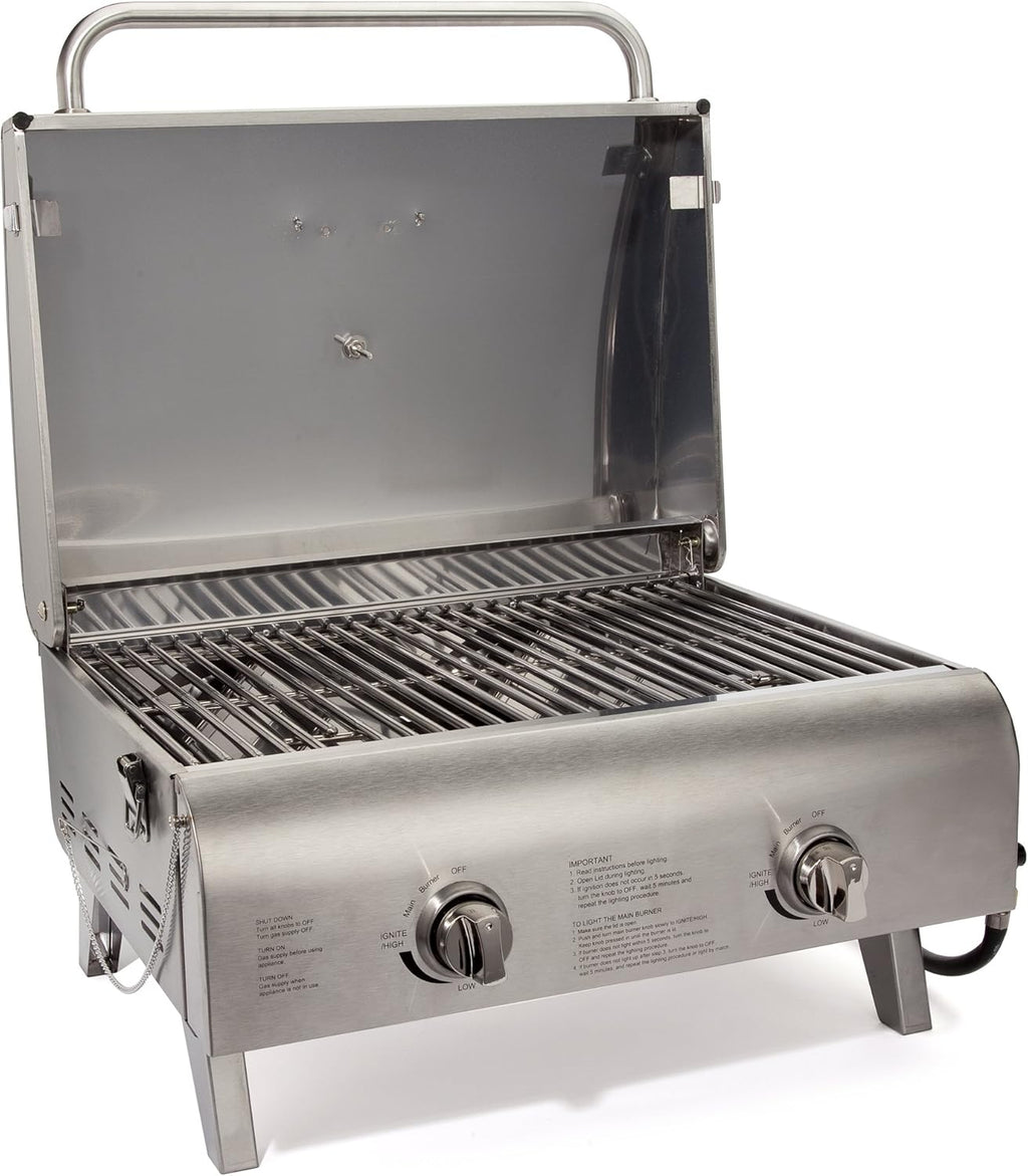 Cuisinart Chef's Style Tabletop Portable Propane Gas Grill, 20,000 BTU Stainless Steel 2-Burner Outdoor BBQ Grill for Camping, Tailgates, BBQ, Hassle-Free Setup