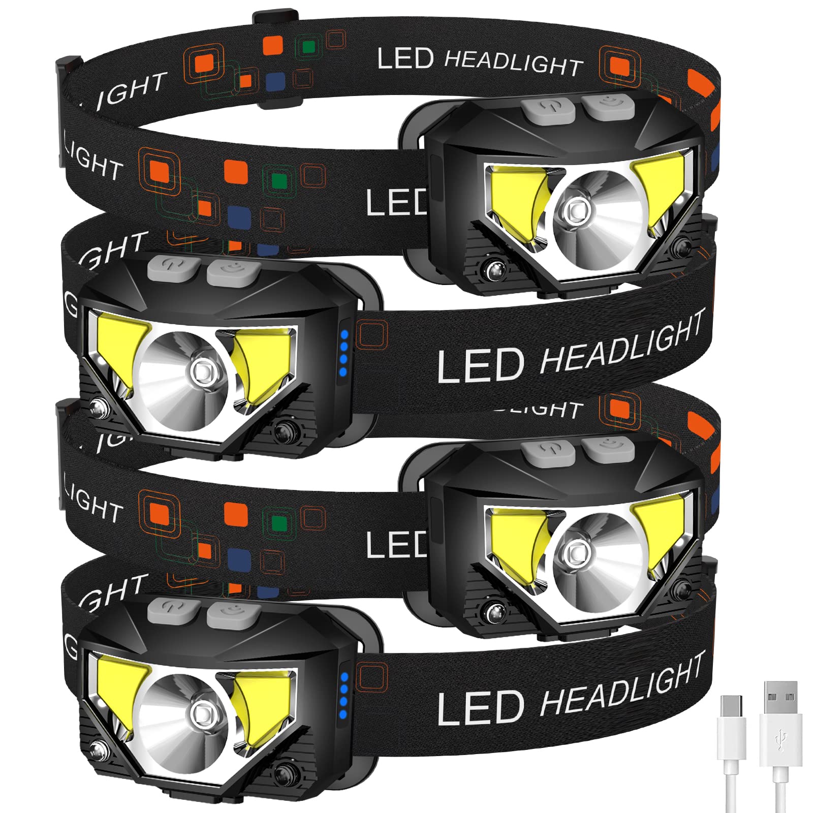 LHKNL Headlamp Flashlight, Lumen Ultra-Light Bright LED Rechargeable Headlight with White Red Light, 2-Pack Waterproof Motion Sensor Head Lamp,8 Modes for Outdoor Camping Running Hiking Fishing