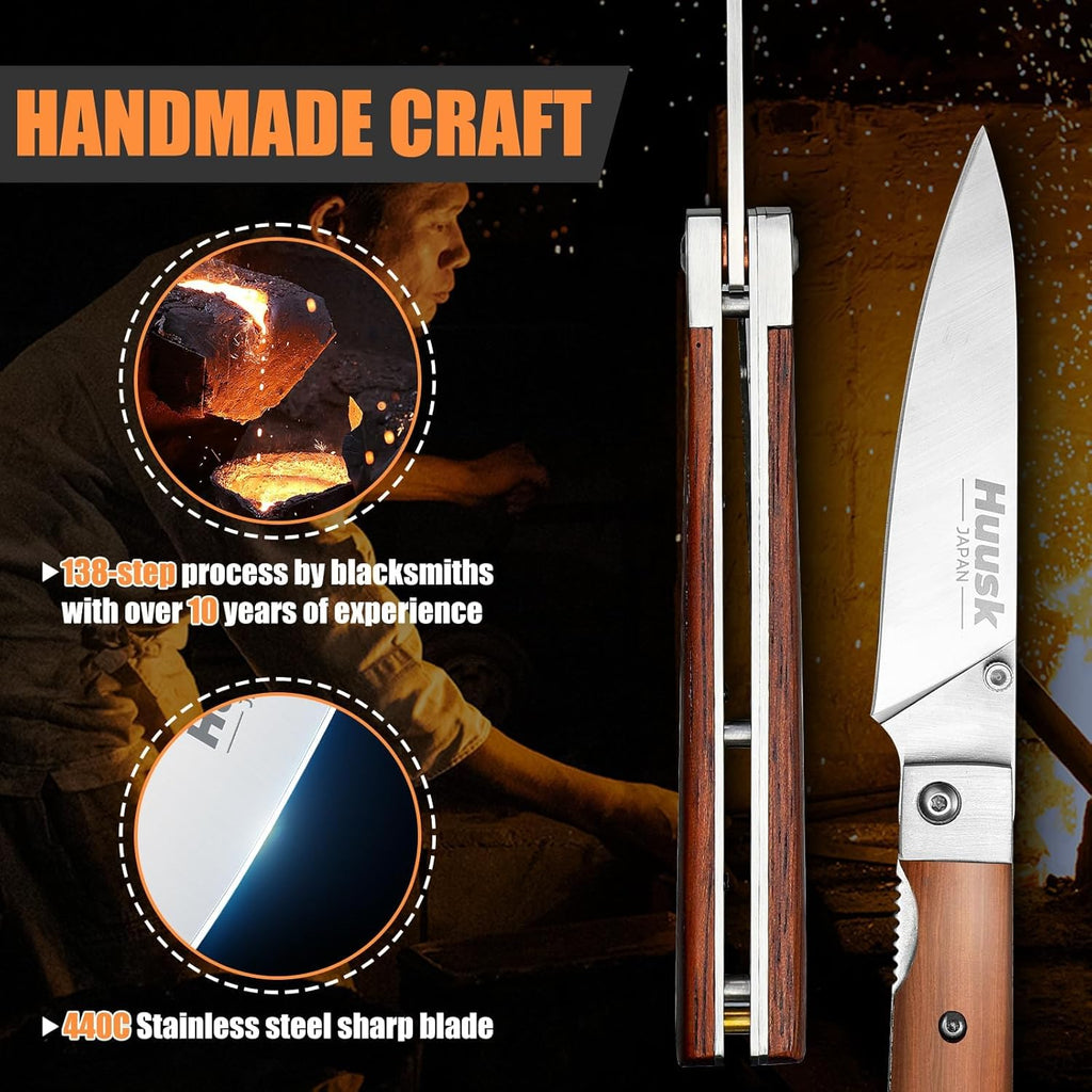 Huusk Japanese Folding Fruit Knife - Pocket Paring Knives with 440C Stainless Steel Ultra Sharp Blade, Portable Kitchen Knives, Gifts for Men