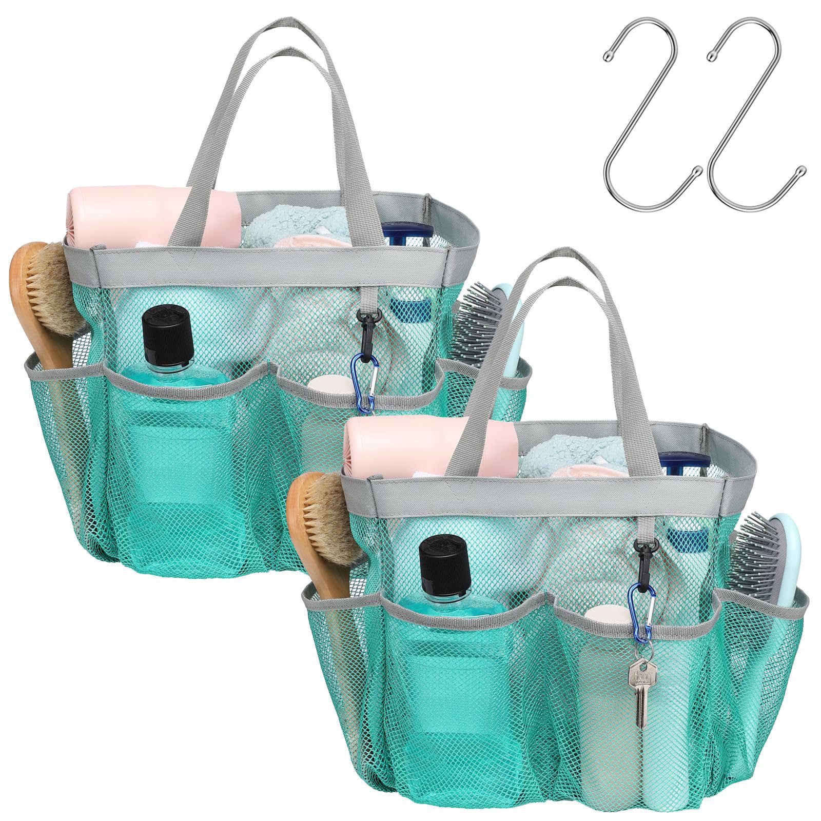 F-color Mesh Shower Caddy Portable, Upgrade Deeper 7 Pockets Shower Bag Basket Tote for College Dorm Room Toiletry Bathroom Essentials Gym Camp Quick Dry 2 handles with S Hook, Black