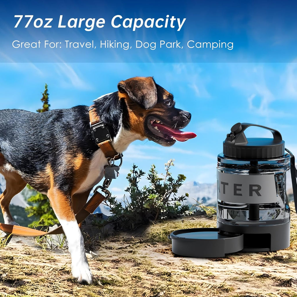 77oz Portable Dog Water Bottle, Camping Essentials, Large Travel Bottle with Pull-Out Drinking Bowl, Portable Beach Accessories, Car Water Container for Dogs, BPA Free - Black
