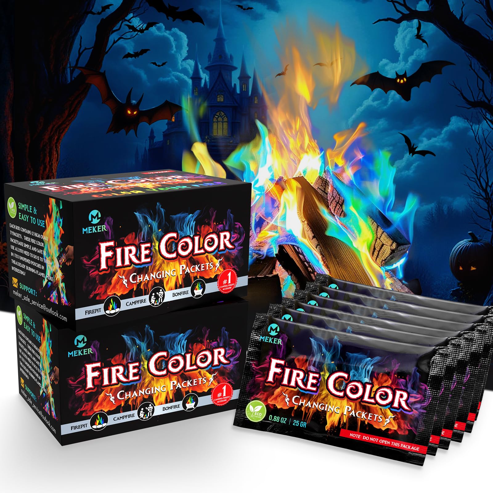 MEKER Fire Color Changing Packets - Fire Pit, Campfires, Outdoor Fireplaces, Bonfire - Fire Color - Perfect Fire Camping Accessories for Kids & Adults (12 Pack)