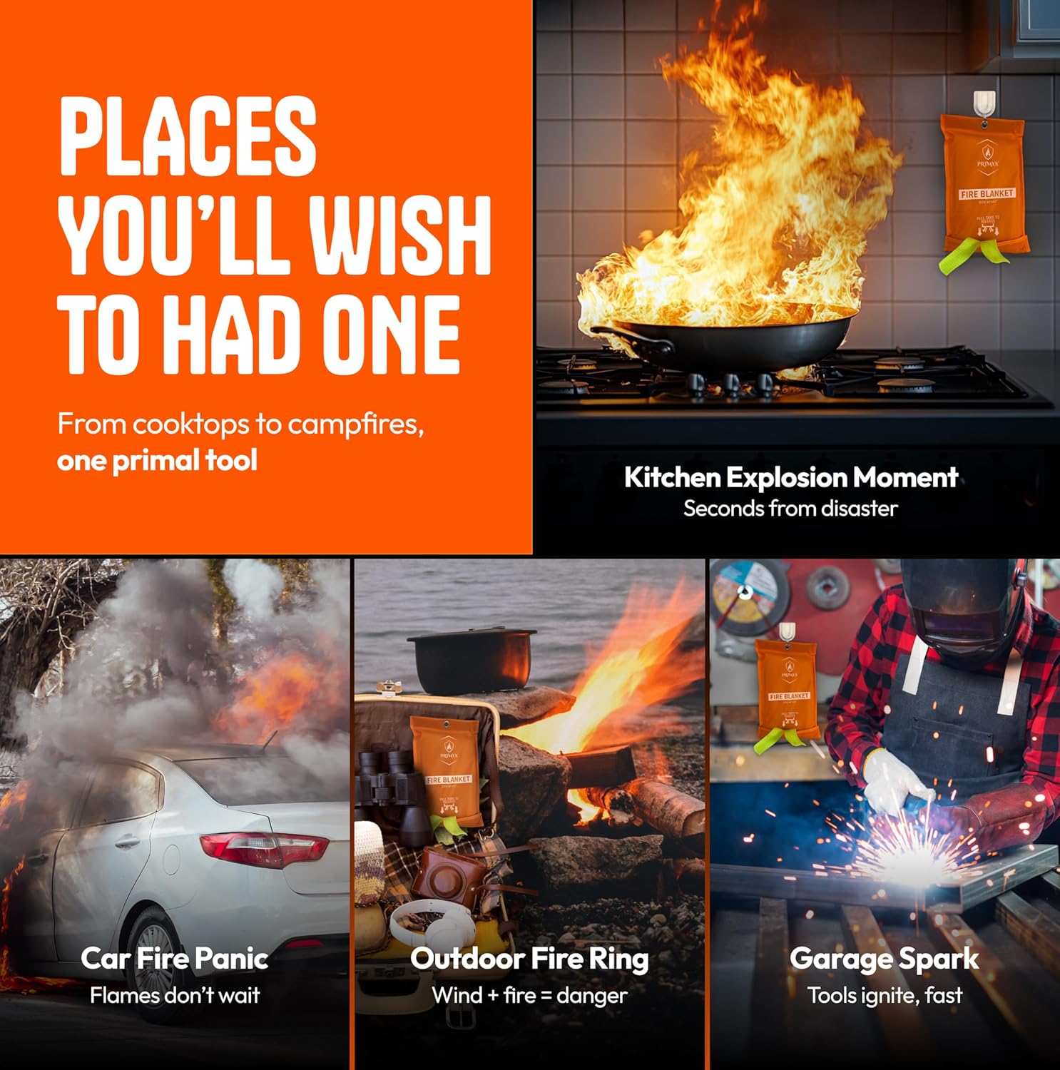 Emergency Fire Blanket 40"x40" (2-Pack) – Fireproof Survival Blanket for Home, Kitchen, RV & Camping – Smothers Grease & Electrical Fires – Reusable, Pet & Family Safe Fire Safety Gear