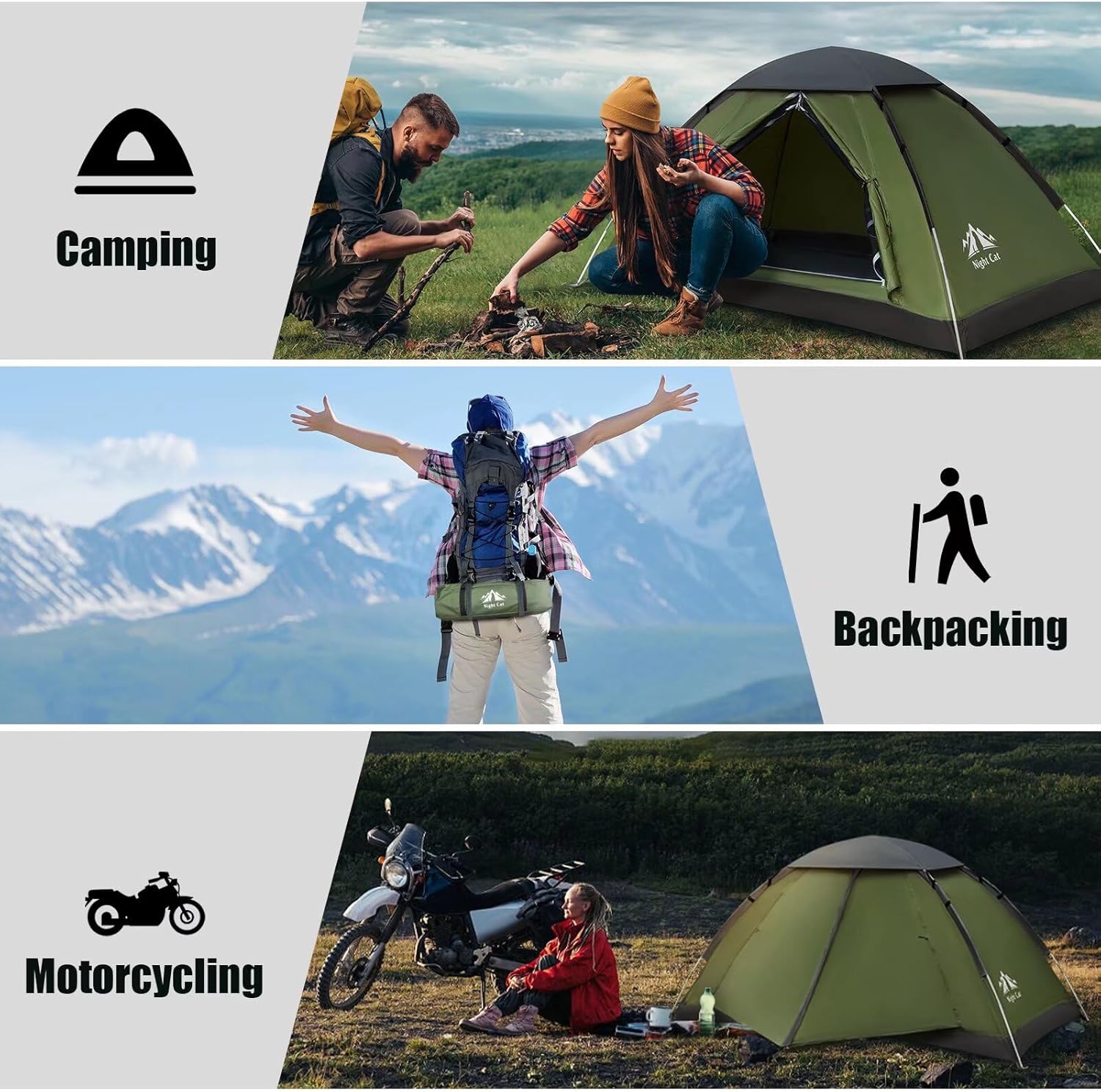 Night Cat Backpacking Tent for One 1 to 2 Persons Lightweight Waterproof Camping Hiking Tent for Adults Kids Scouts Easy Setup Single Layer 2.2x1.2m