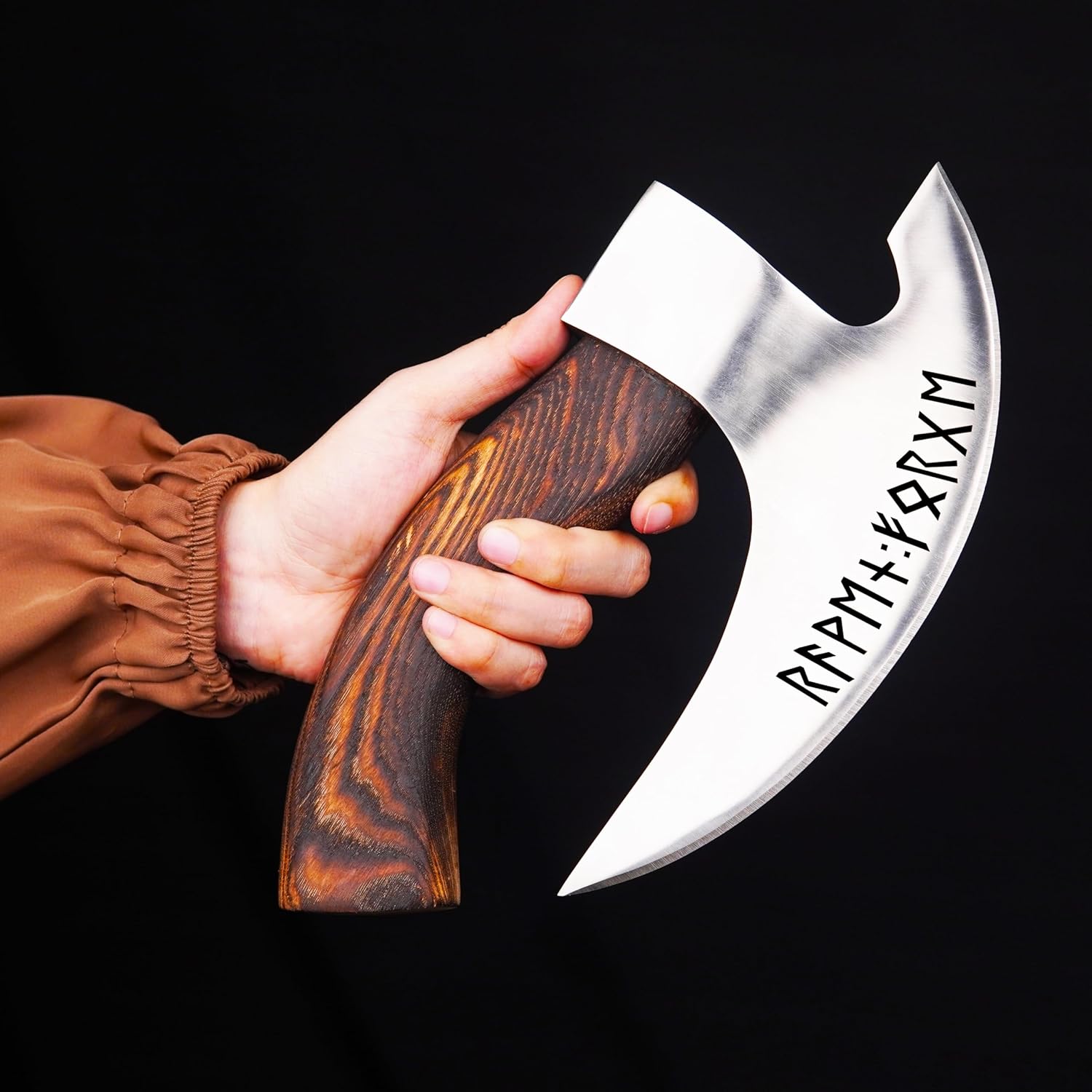 H&A CRAFTS® Viking Pizza Axe With Leather Sheath Medieval Engraved Hatchet Handmade Unique Cutter Wood Handle Original Sharp Slicer Kitchen Tomahawk Runes Forge Cutting Ax Camping Rocking Gift