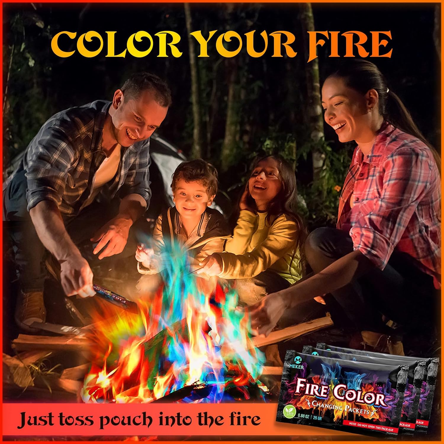 MEKER Fire Color Changing Packets - Fire Pit, Campfires, Outdoor Fireplaces, Bonfire - Fire Color - Perfect Fire Camping Accessories for Kids & Adults (12 Pack)